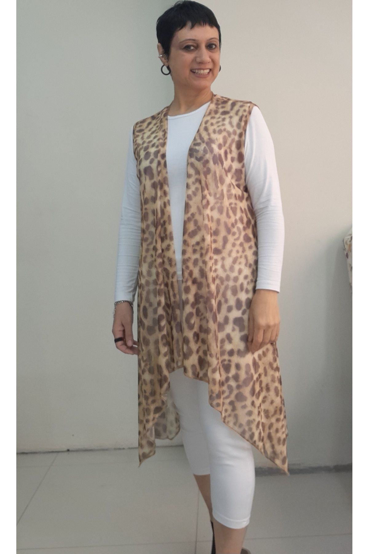 Mertcan Butik-Light Coffee Beige Mink Leopard Print Loose Asymmetrical Cutout Tulle Vest 6