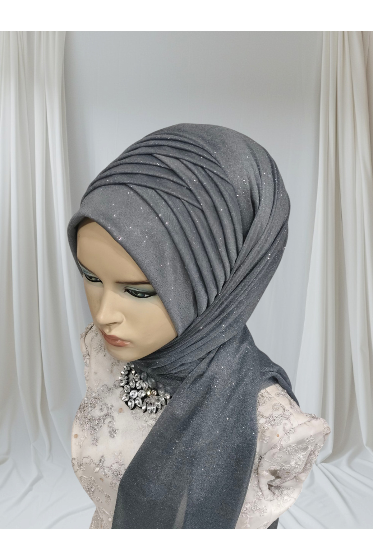 Nuray hazır duvak Anthracite Gray 3-Piece Ready-Made Veil Ready