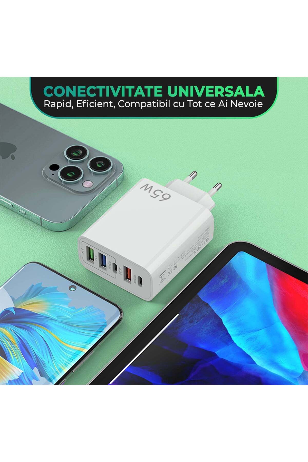 Timebox-Încărcător de rețea, 5 porturi, încărcare rapidă 65W, 3 x USB, 2 x Tip-C, cablu de date Lightning la USB-C inclus 3