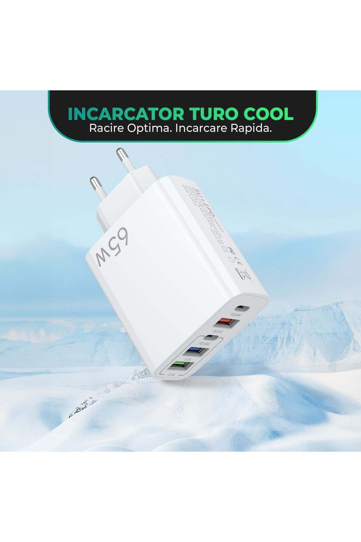 Timebox-Încărcător de rețea, 5 porturi, încărcare rapidă 65W, 3 x USB, 2 x Tip-C, cablu de date Lightning la USB-C inclus 6