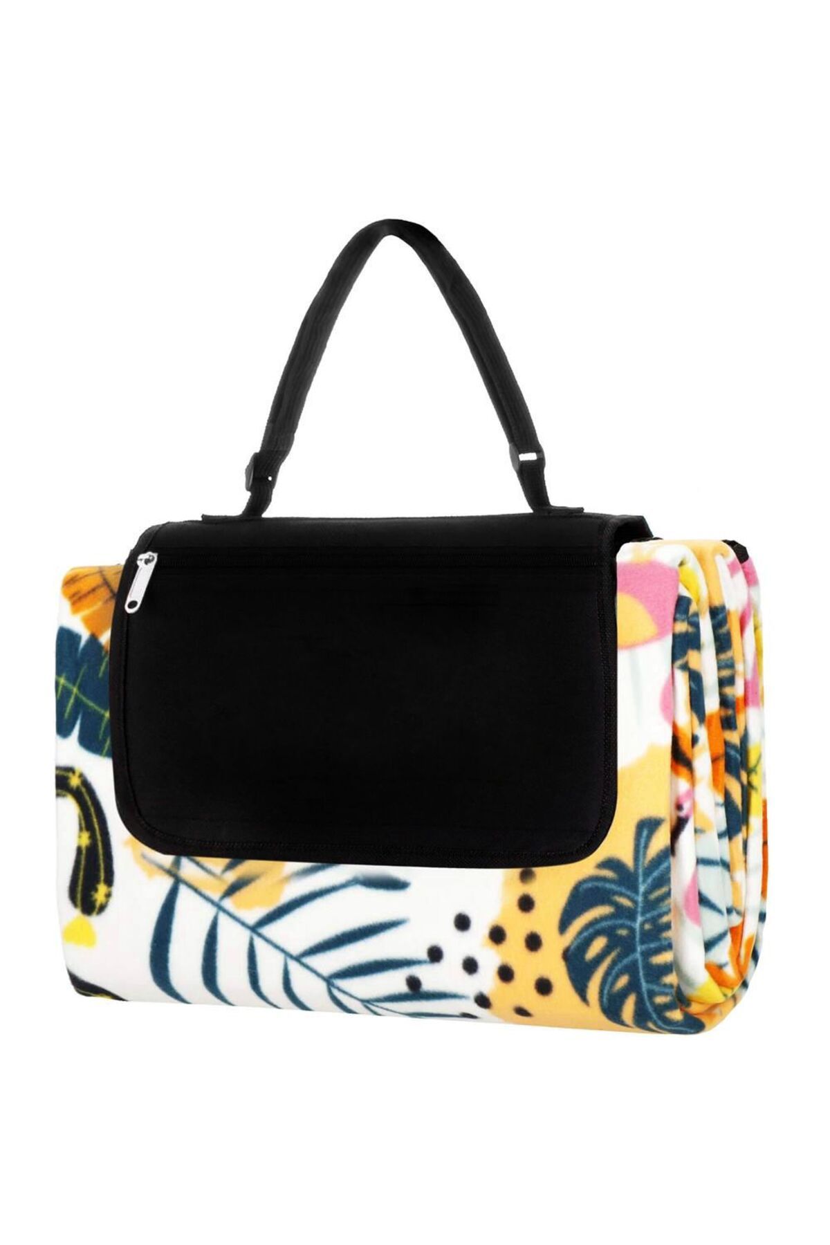 SERSIMO-Picnic or beach blanket, with insulating foil and handle, 150x200cm, tropical pattern, white and green 7