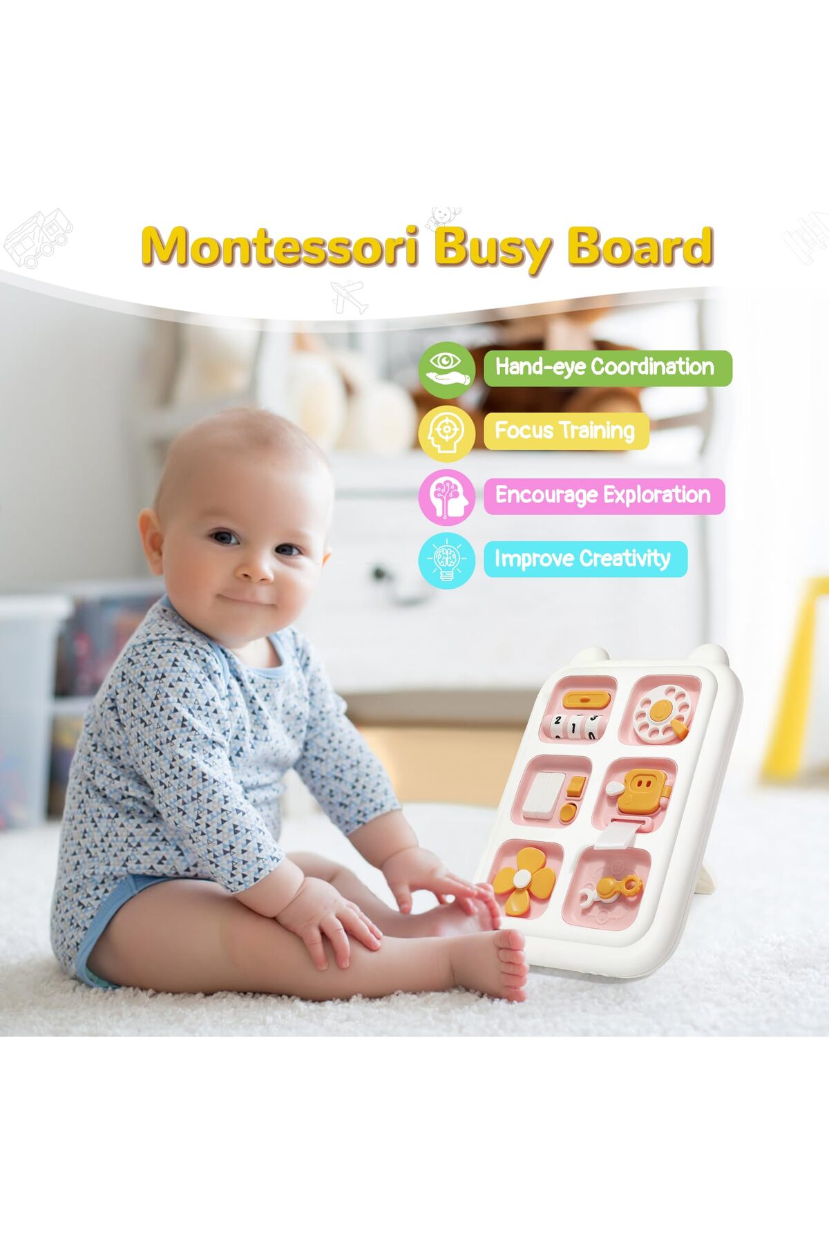 بازی‌های حسی مونته‌سوری برای سنین ۱ تا ۳ سال، تخته سرگرمی برای مهارت‌های حرکتی ظریف، هدیه تولد برای کودکان - صورتی