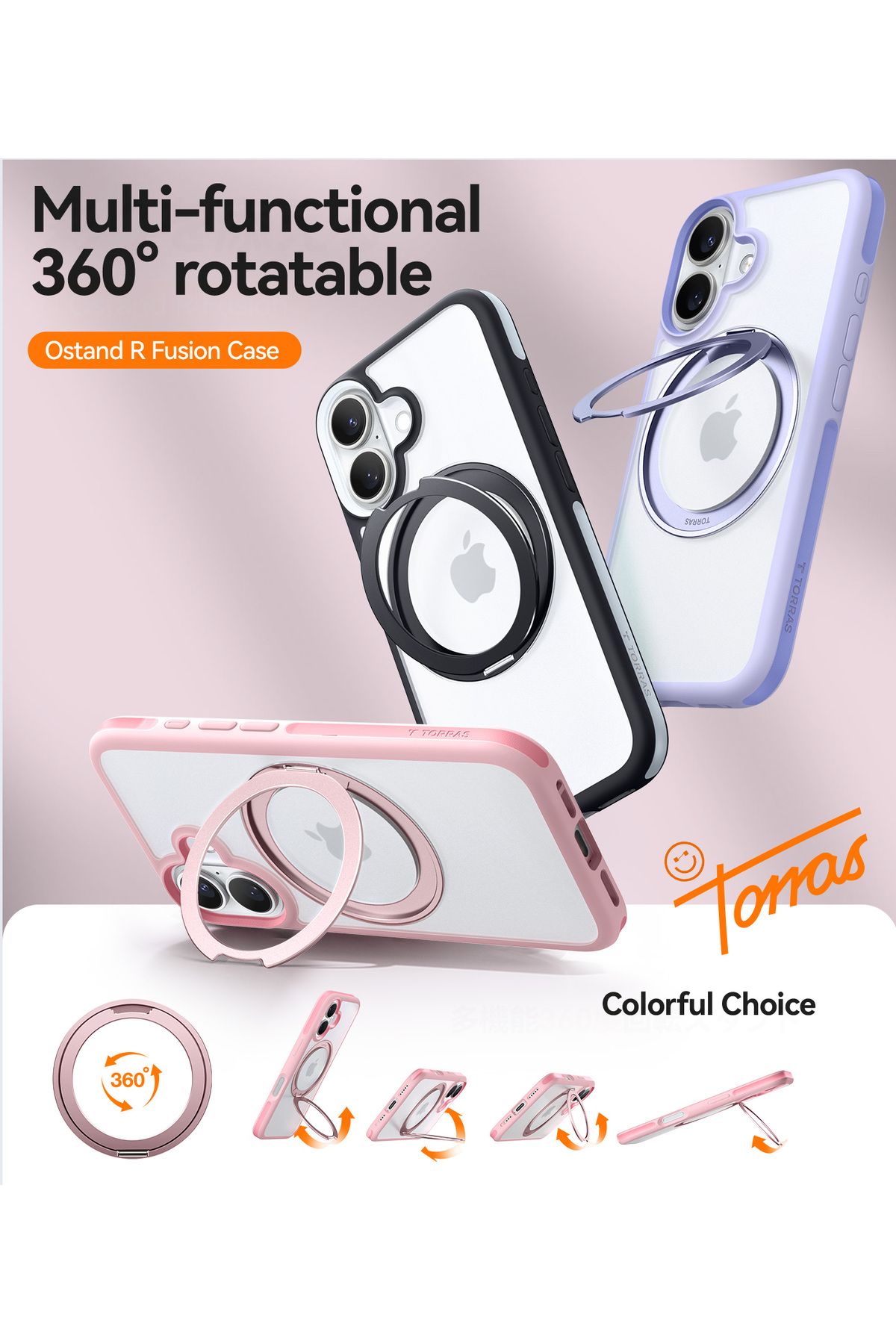 TORRAS-Upgraded 360°Rotatable Magnetic Ring for iPhone 16 Plus Case, Fit for MagSafe with Stand & Ring Hol 5
