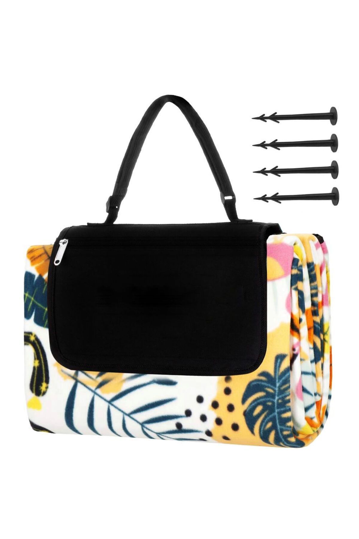 SERSIMO-Picnic or beach blanket, with insulating foil and handle, 150x200cm, tropical pattern, white and green 3