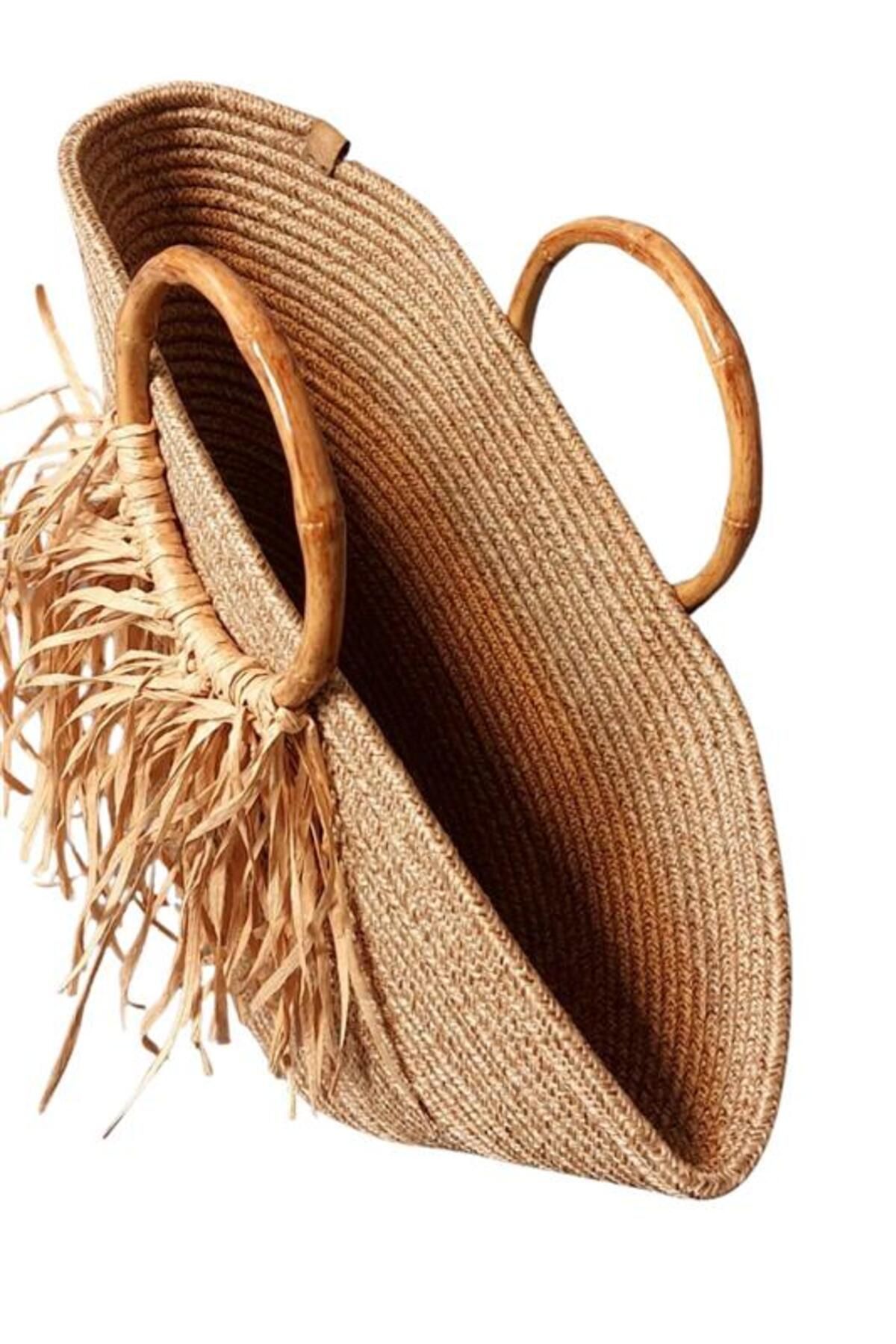 Uretti-- Ayşe 4723 0939 Handmade Jute Rope Straw Look Bag with Wooden Handle and Tassel - Brown 3
