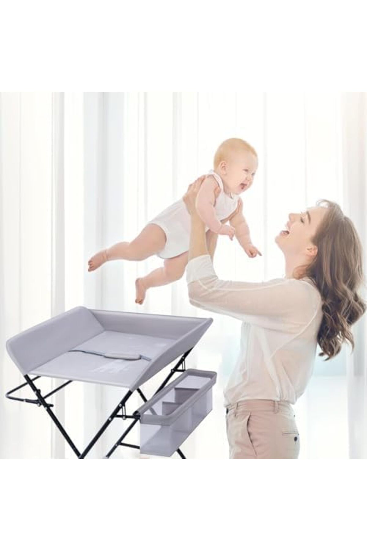 SKY TOUCH-SKY-TOUCH Portable Baby Changing Table Dresser, Foldable Changing Table with Wheels, Bottom Rack, Si 4