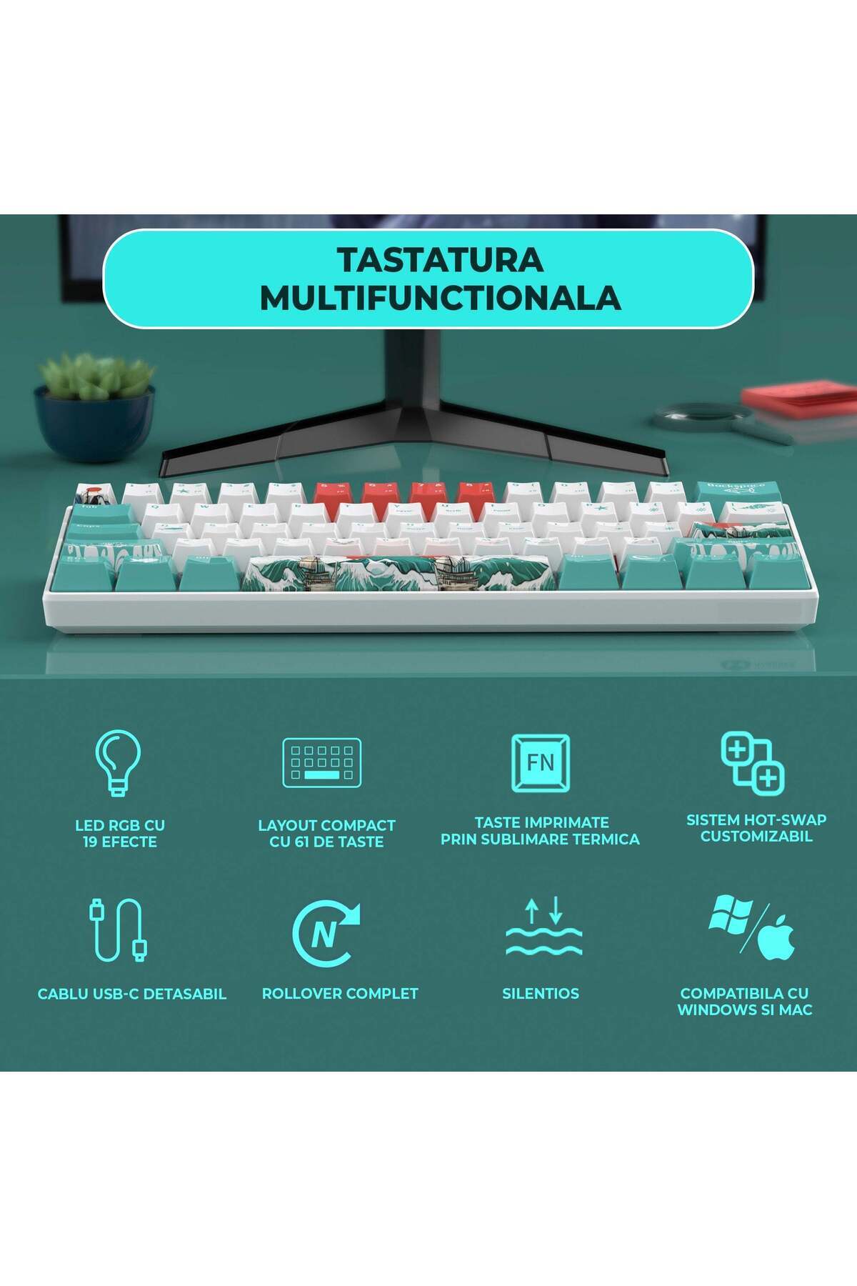 Timebox-Mechanical Keyboard, 60% Compact, RGB, Ivory White Hot-Swappable Switches, Silent and Portable Desi 3
