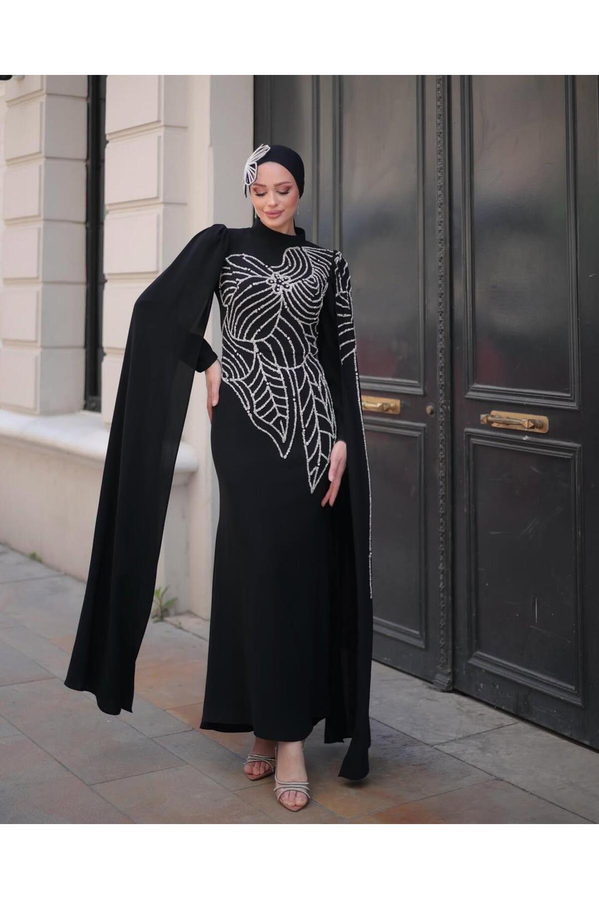 MERETTO By Akıl Özel Tasarım 1. Kalite Krep Kumaş Hakim Yaka Taş Pelerin Astarlı Uzun Tesettür Abiye Elbise