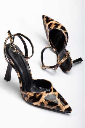 luff shoes Leopar Desenli İnce Topuklu Bilekten Bağlamalı Rugan Kadın Ayakkabı