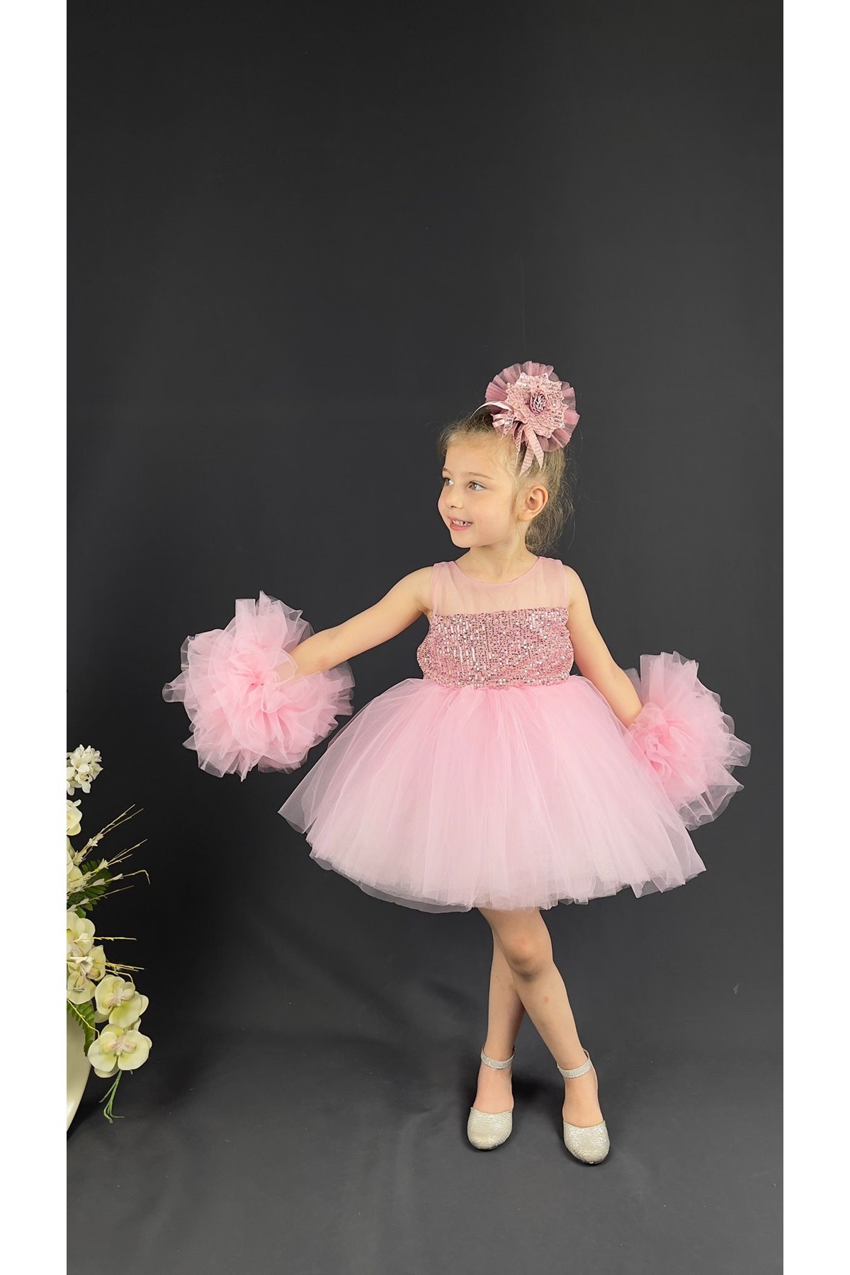 Mnk Baby&Kids Şifon Robalı Ponpon Kol Pul Payetli Kız Çocuk Kabarık Etek Tütülü Abiye PEMBE fotoğrafı 4 (önizleme)