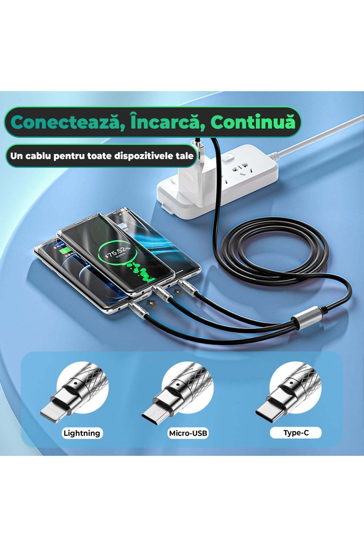 Timebox-Cablu de date și încărcare rapidă, 3 în 1.120 W, QC 3.0, USB, USB-C, Lightning, 1,2 m, negru 4