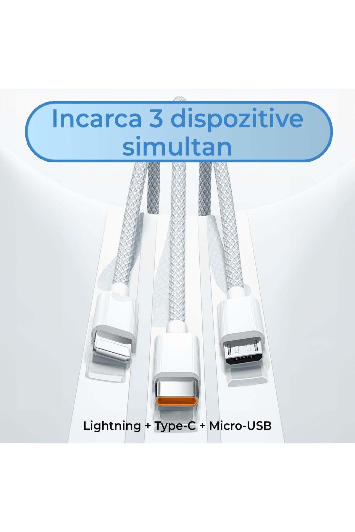 Timebox-Cablu de date și încărcare rapidă, 3 în 1, QC 3.0, 66W, USB, Tip-C, Iluminare, Micro-USB, 1.2m, Gri 3