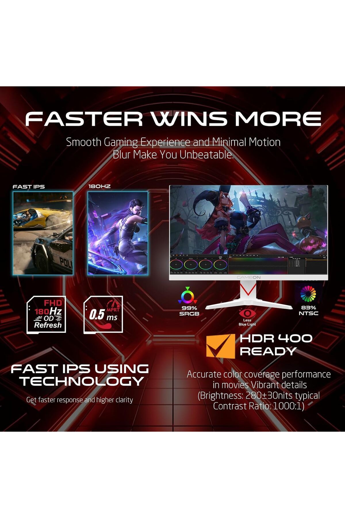 GAMEON-GOAM24FHD180IPS 24” Fast IPS Gaming Monitor, FHD, 180Hz, 0.5ms, FreeSync G-Sync, HDMI 2.1 & DP 1.4 3