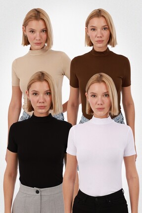Yade Fashion Kadın Kısa Kollu Bluz 4’lü Set – Siyah Beyaz Kahverengi Ekru