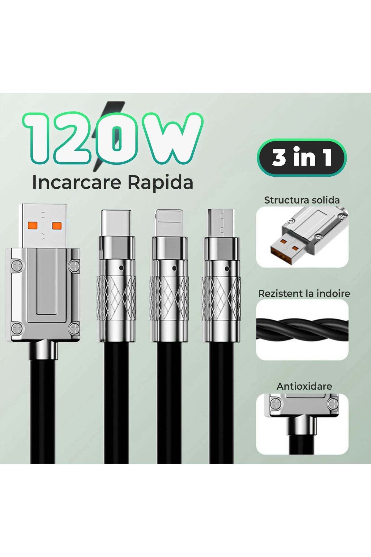 Timebox-Cablu de date și încărcare rapidă, 3 în 1.120 W, QC 3.0, USB, USB-C, Lightning, 1,2 m, negru 2