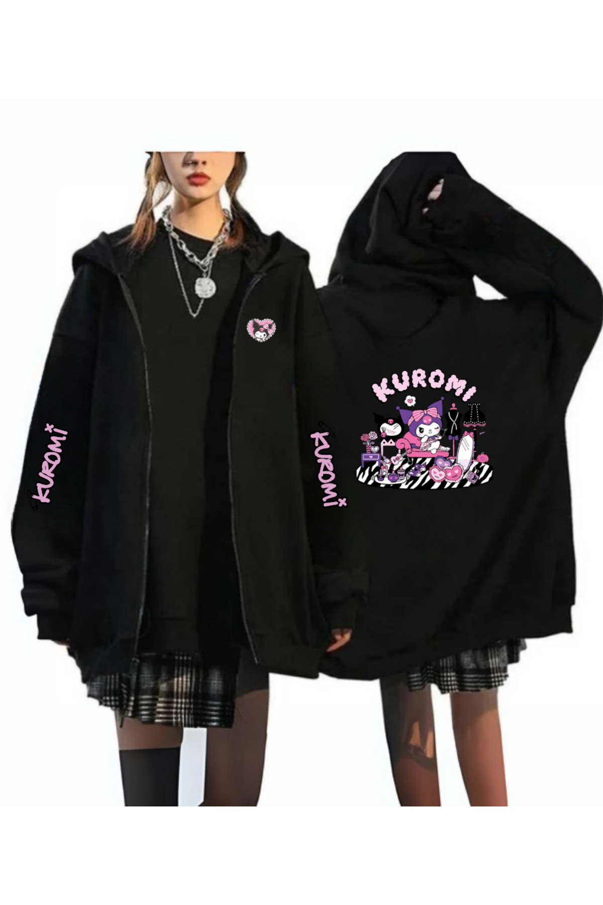Touz Moda Kuromi Baskılı Oversize Fermuarlı Siyah Unisex Kapüşonlu Hırka — مشکی krm8481