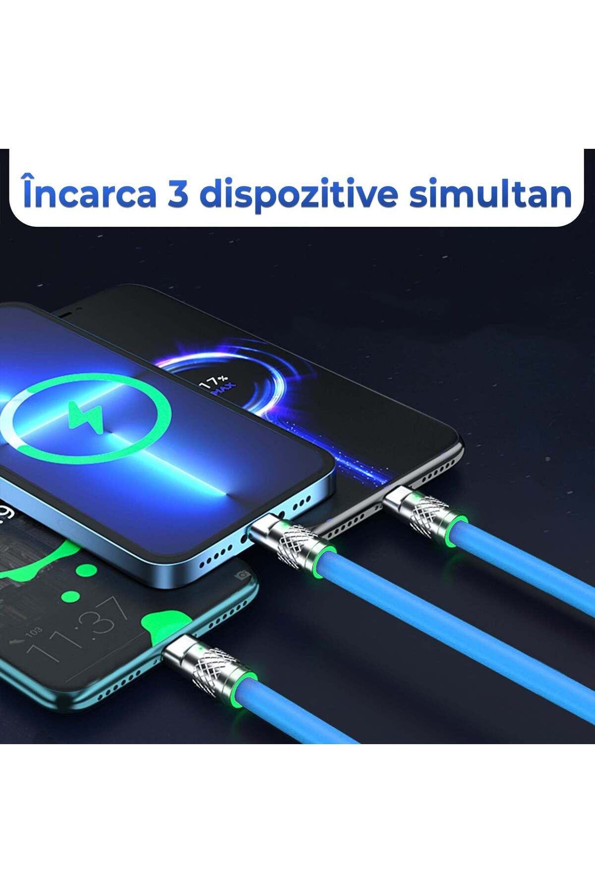 Timebox-Cablu de date și încărcare rapidă, 3 în 1, 120W, QC 3.0, USB, USB-C, iluminare, 1,2 m, albastru 3