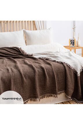 YASEMİNİNEVİ 4 Katlı, 4 Tarafı Saçaklı Çift Kişilik Müslin Yatak Örtüsü / Pike