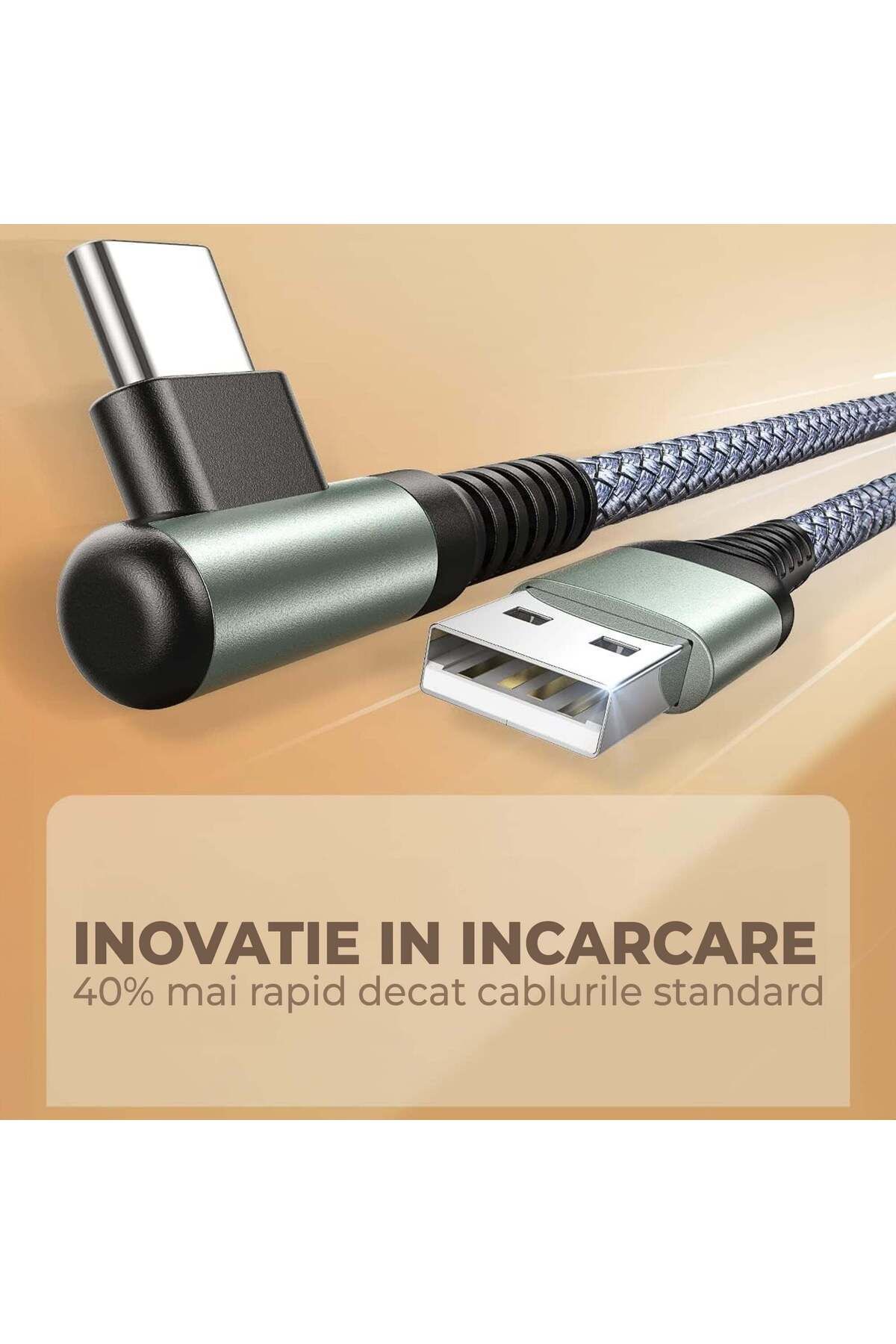 Timebox-Cablu de date și încărcare rapidă, 2 m, QC 3.0, USB la Tip-C, unghi de 90°, nailon, negru 4