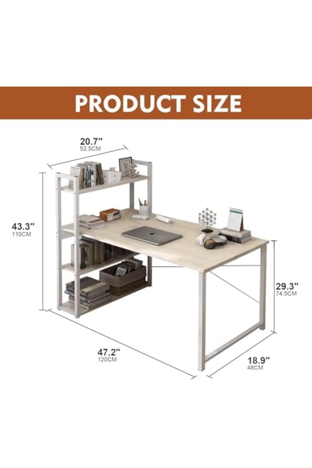 SKY TOUCH-SKY-TOUCH Computer Desk with Shelves, 120x48cm Writing Desk with Storage Bookshelf 6
