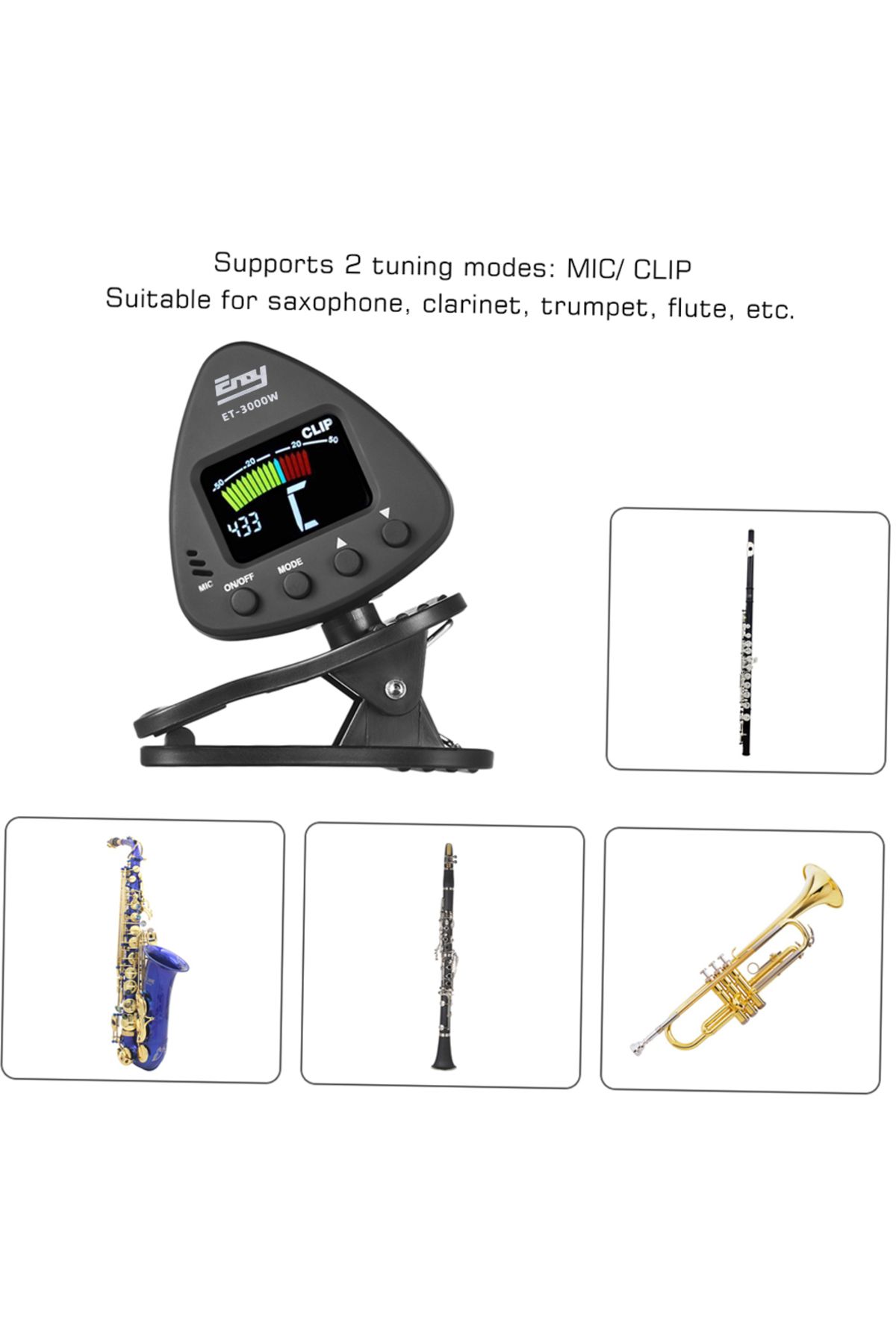 Choice-eno ET 3000W Wind Instruments Tuner Supports Mic & Clip-on Tuning Modes for Saxophone Clarinet Tr... 3