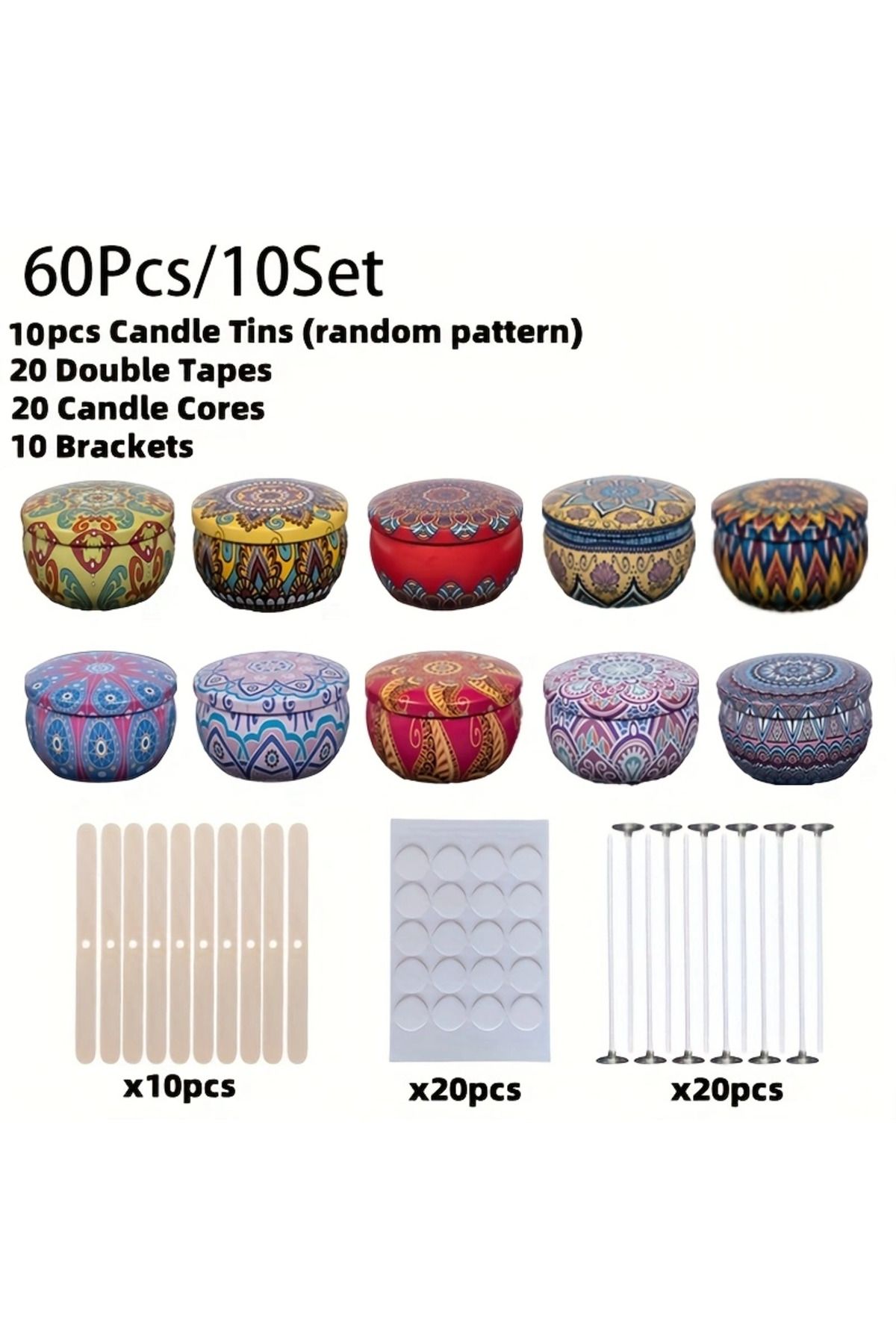 Choice-Multi-Colored 62 Piece Set / Group of 10 Patterned Candle Jars Includes 20 Wicks, 20 Wick Stickers & 6