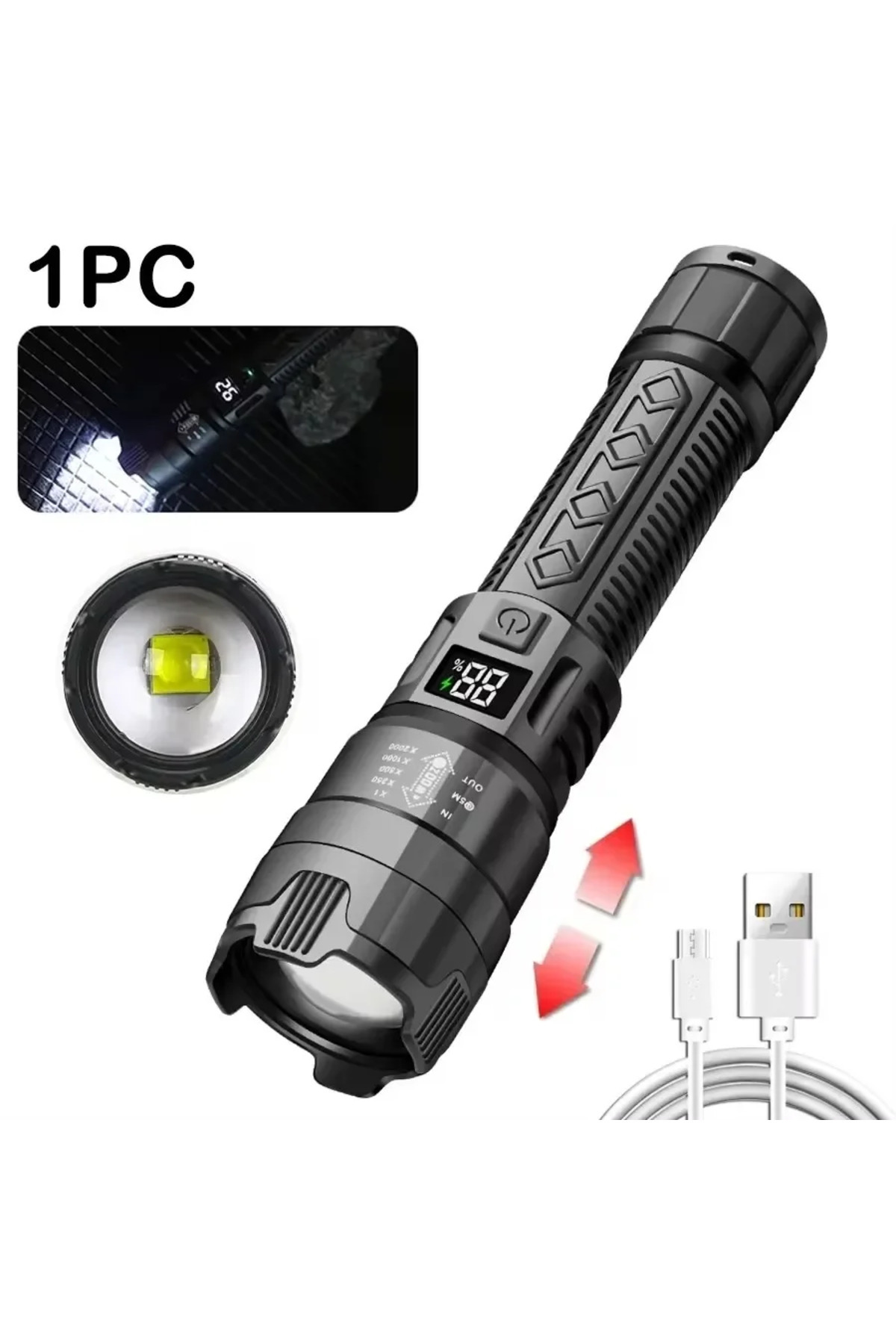 Choice-ZOOM 1Pac P50 Rechargeable LED Flashlight Zoomable Torch with LCD Display 3 Modes Waterproof High Po 1