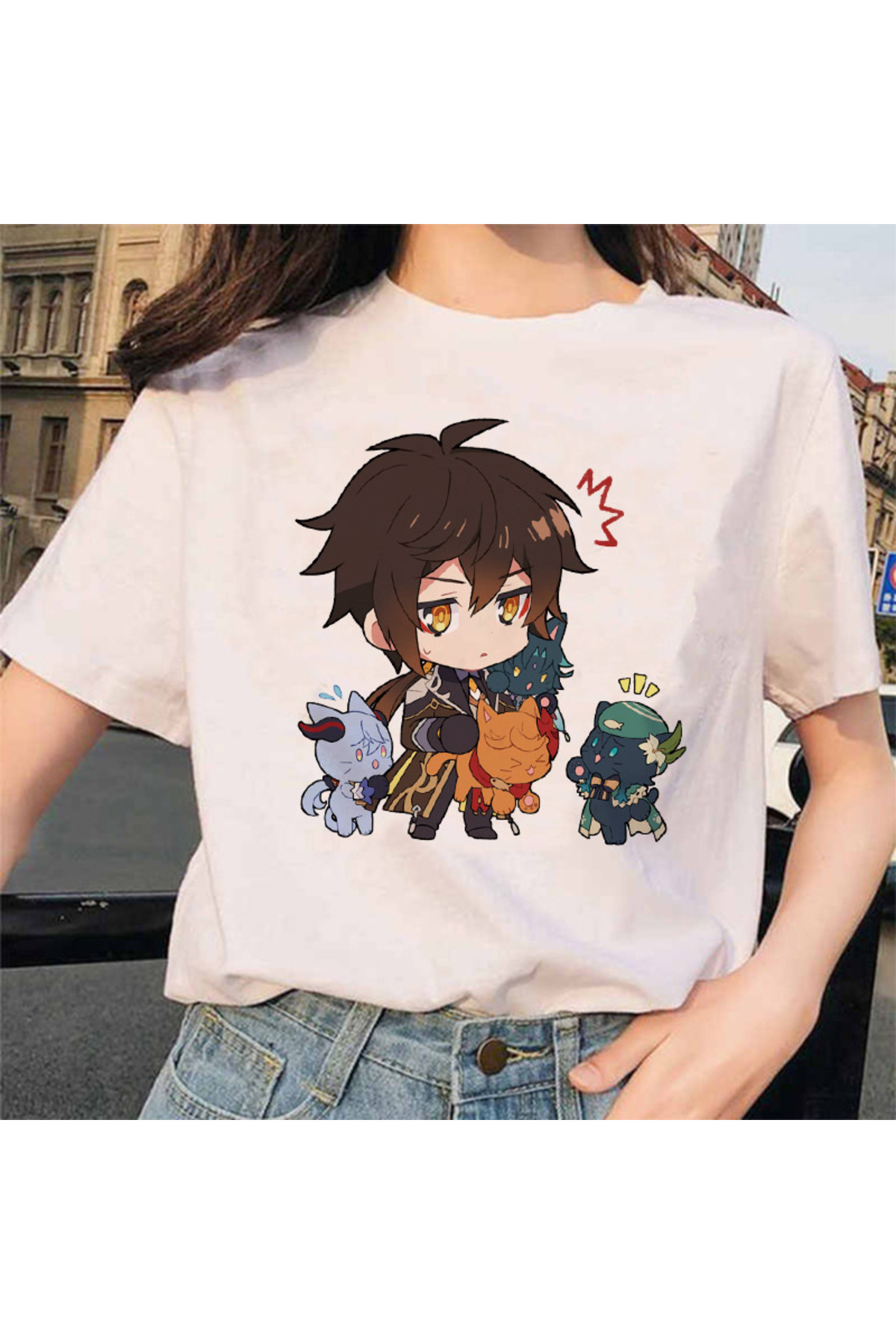 White Genshin Blow Zhong Li Morax Tees Short Sleeve100 Summer Cartoon Streetweed