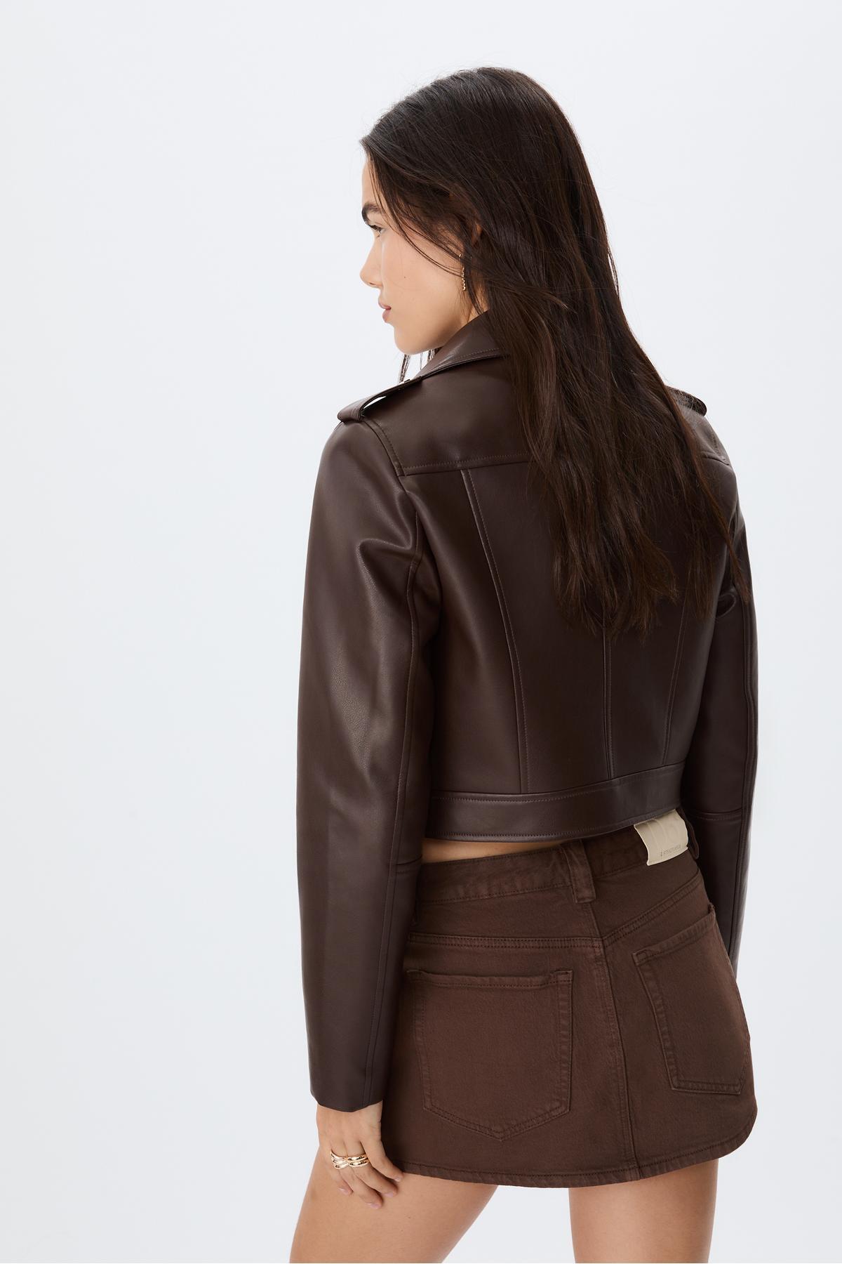 Stradivarius  Kemerli suni deri biker ceket - Görsel 5