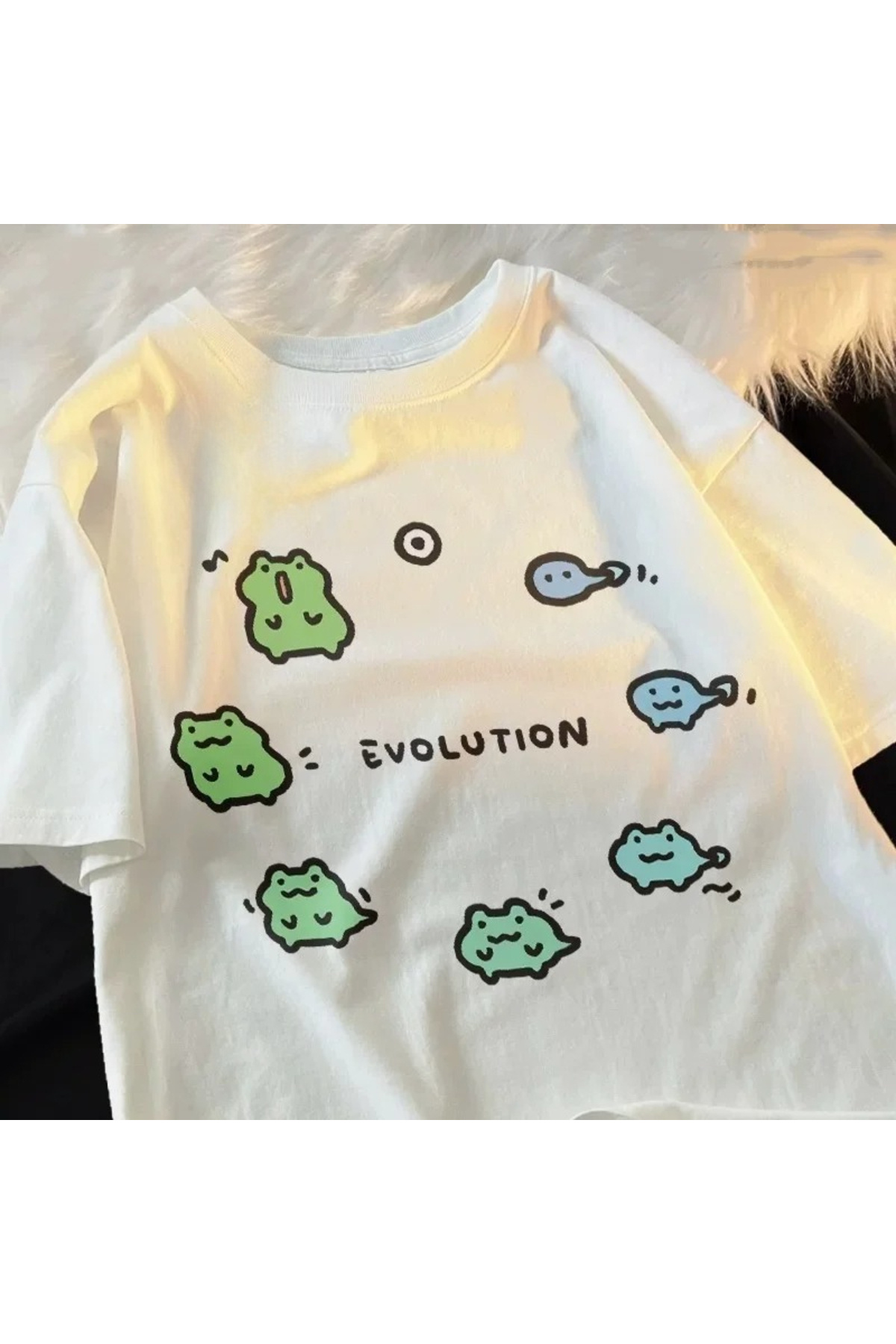 White new frog evolution print japanese Retro streetwear summer tee vintage