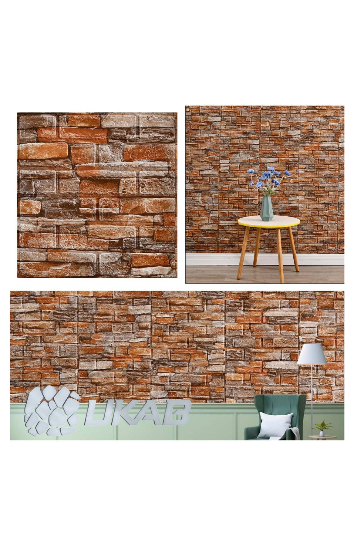 UKAB DEKOR Kendinden Yapışkanlı Kahverengi Tuğla Desen Köpük Duvar Kağıdı Paneli Mutfak Salon Dekoratif