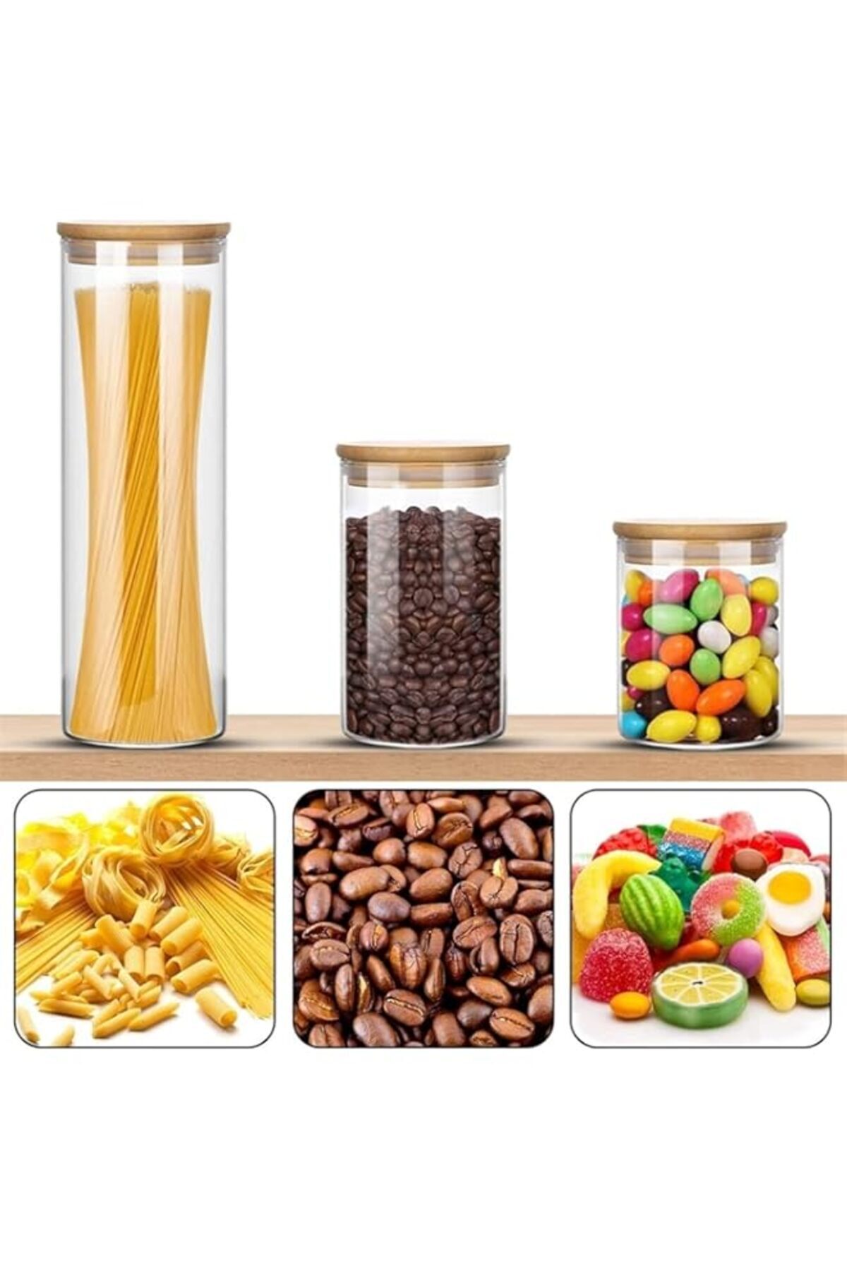 Generic-MONOCUS™ 3 Pcs Glass Jars with Bamboo Lids, Airtight High Borosillicate Container, Multi Sizes Clea 1