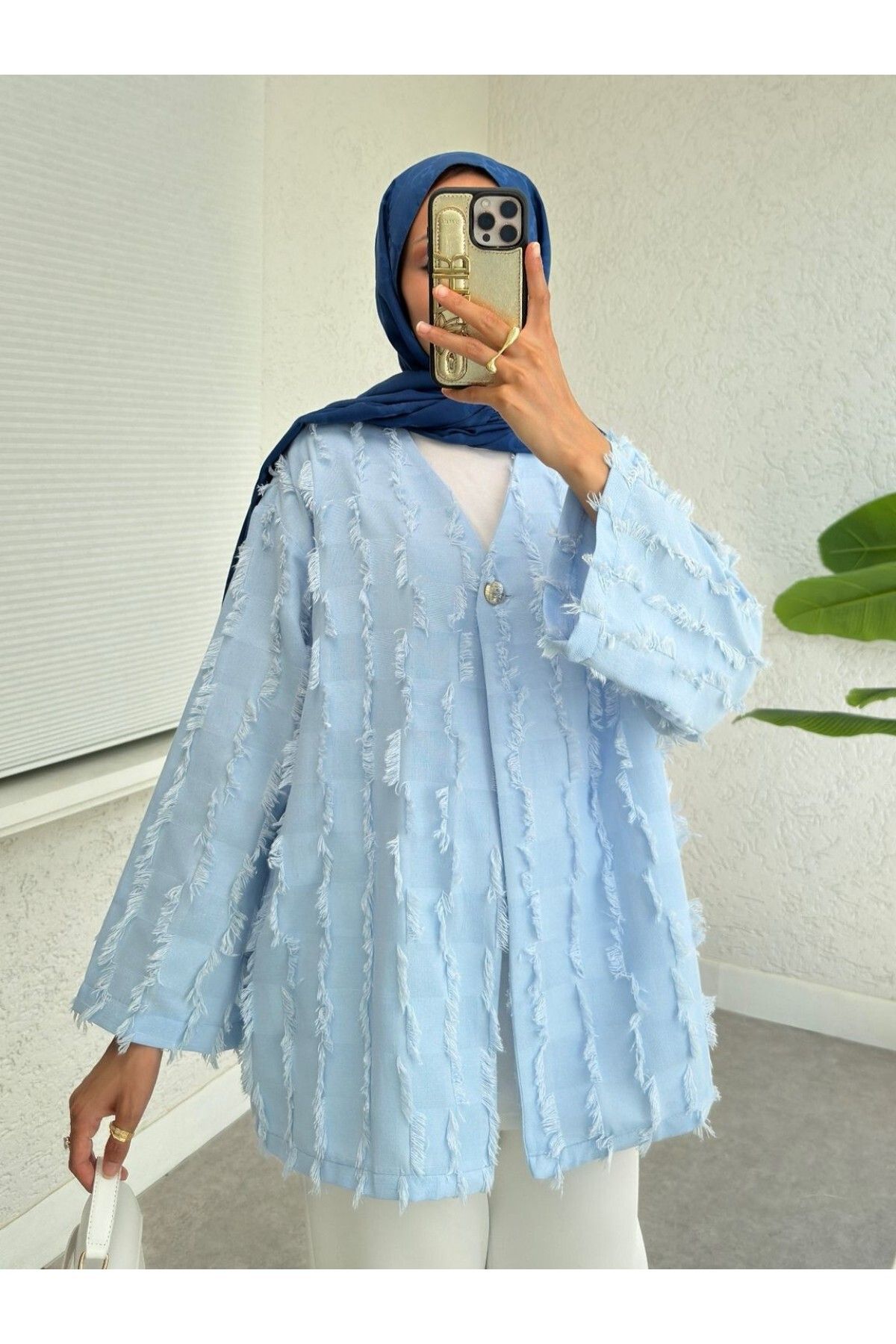 Modamorfo-Fringed Single Button Square Patterned Kimono - Baby Blue 2