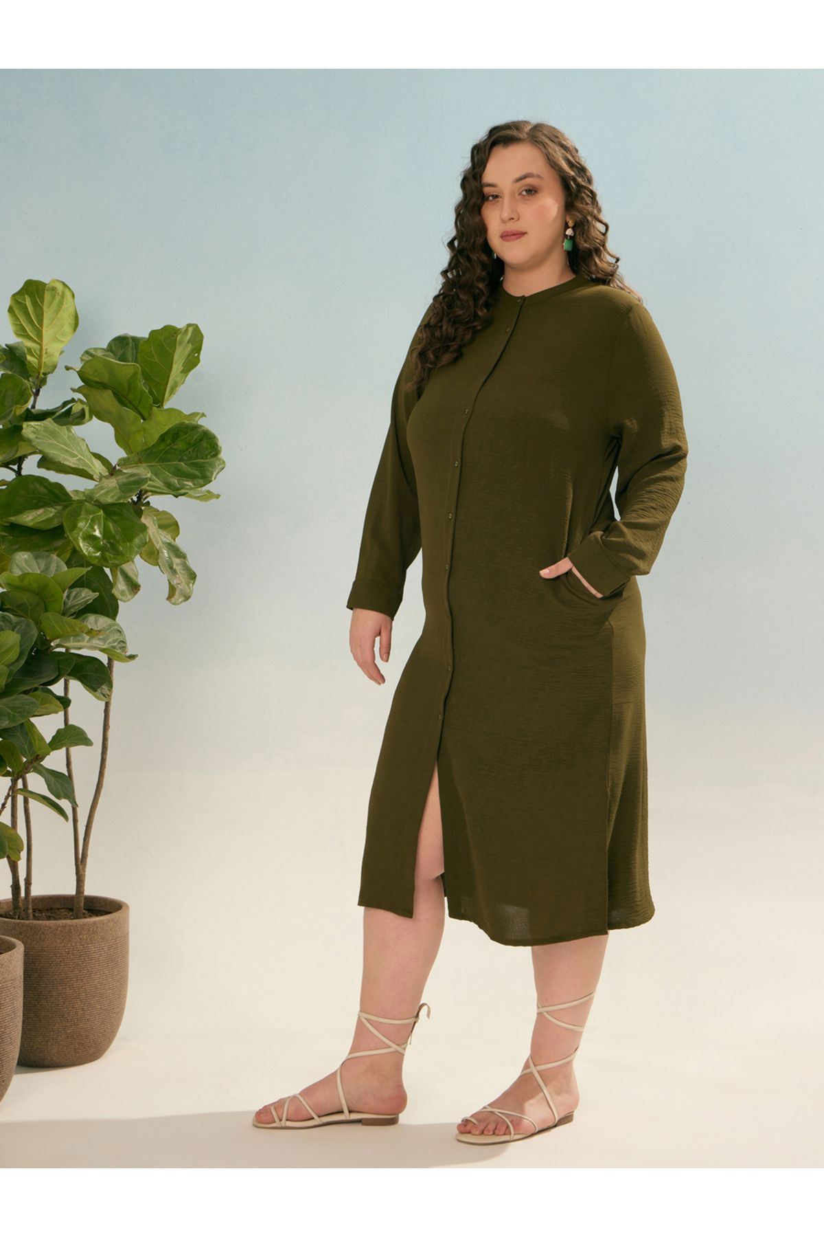 Sassafras By Styli-Plus Olive Shift Midi Dress with Front Button 3