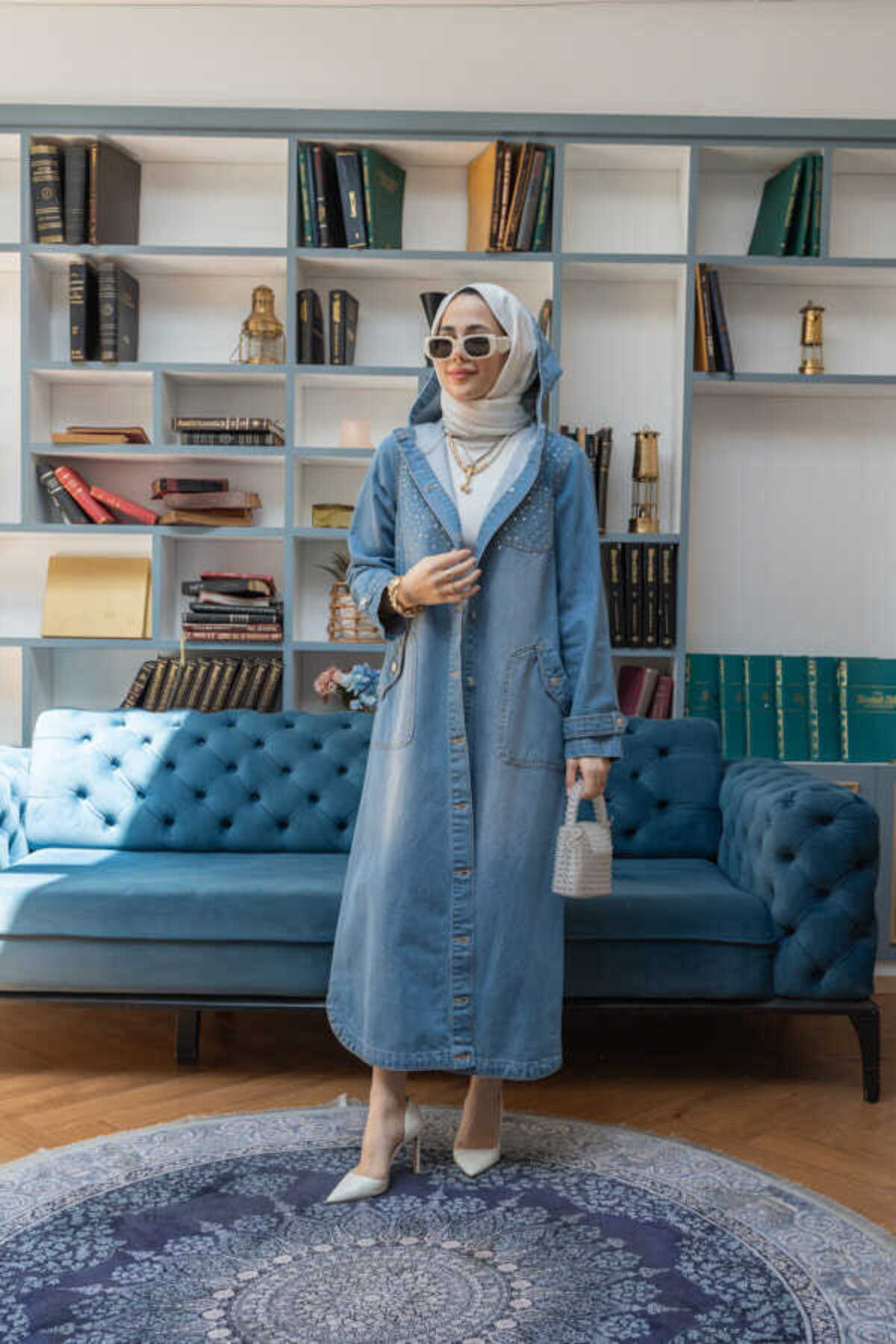 Neways 6329-Taşlı Denim Kapşonlu Kap Mavi