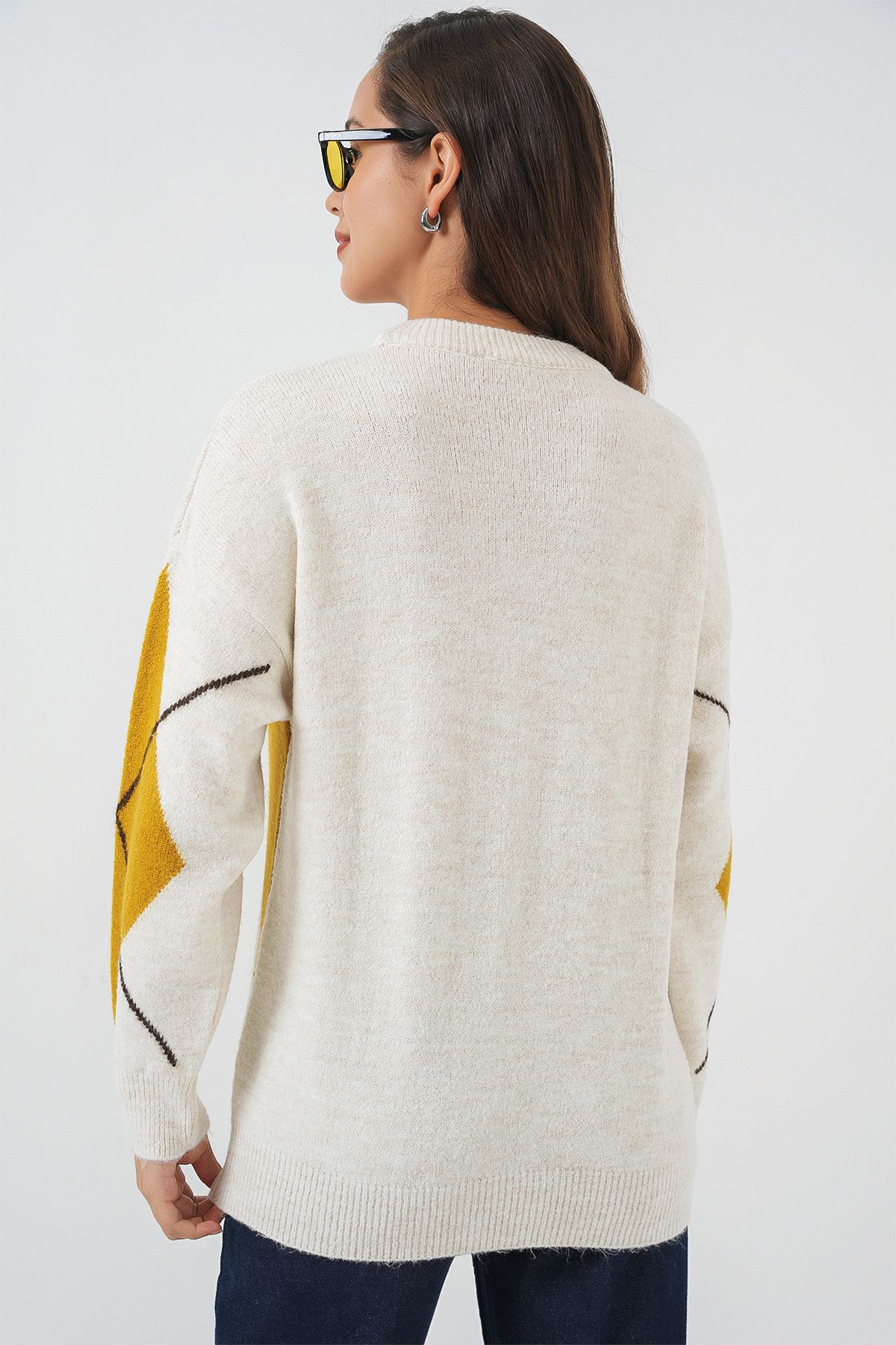 Bigdart-15895 Diamond Patterned Oversize Knitwear Sweater - A.Ekru 6