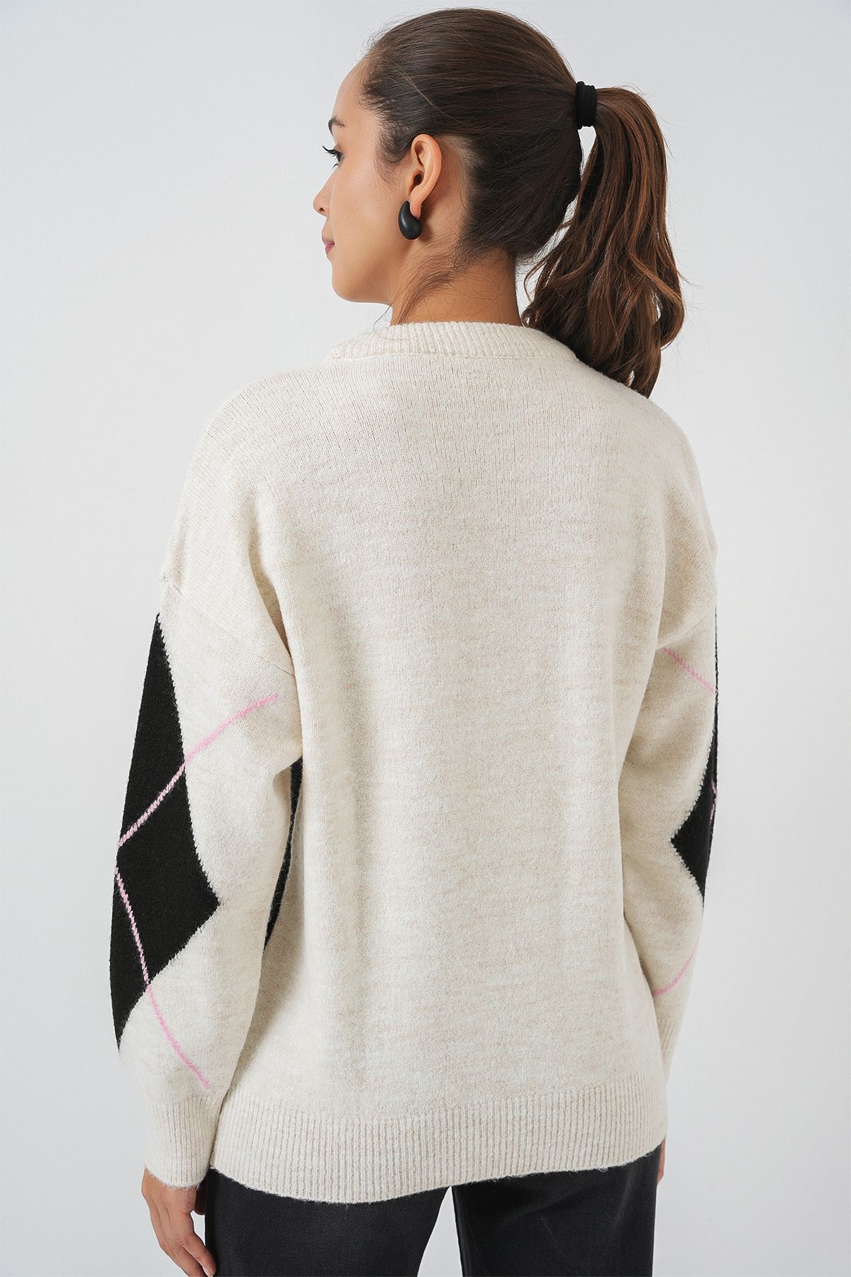 Bigdart-15895 Diamond Patterned Oversize Knitwear Sweater - T. Ecru 6