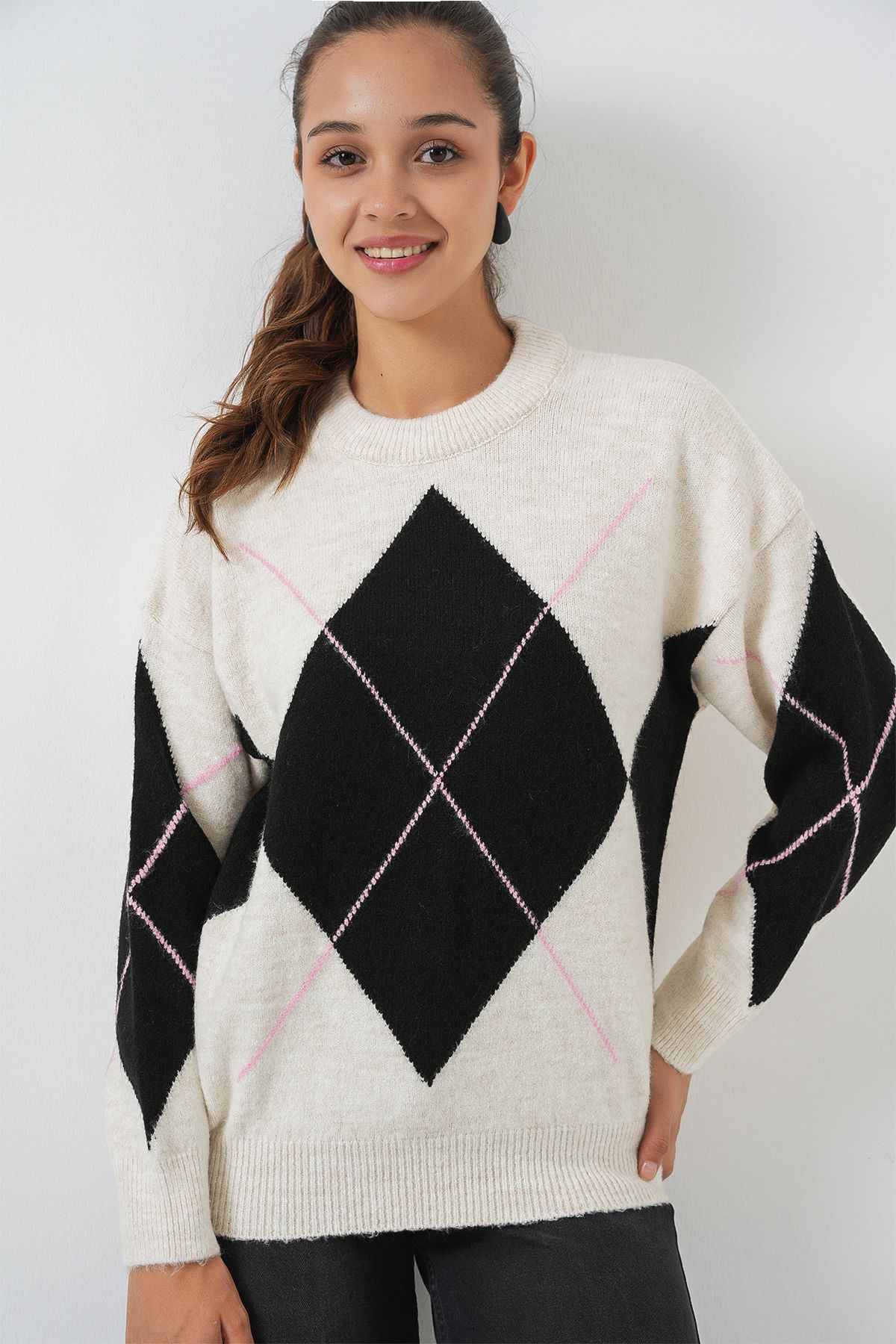 Bigdart-15895 Diamond Patterned Oversize Knitwear Sweater - T. Ecru 1