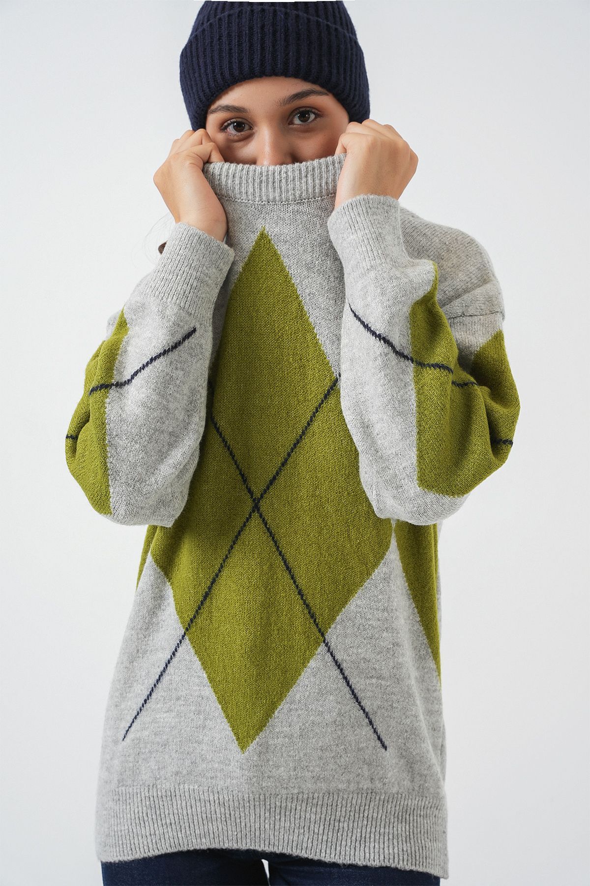 Bigdart-15895 Diamond Patterned Oversize Knitwear Sweater - C.Gray 3