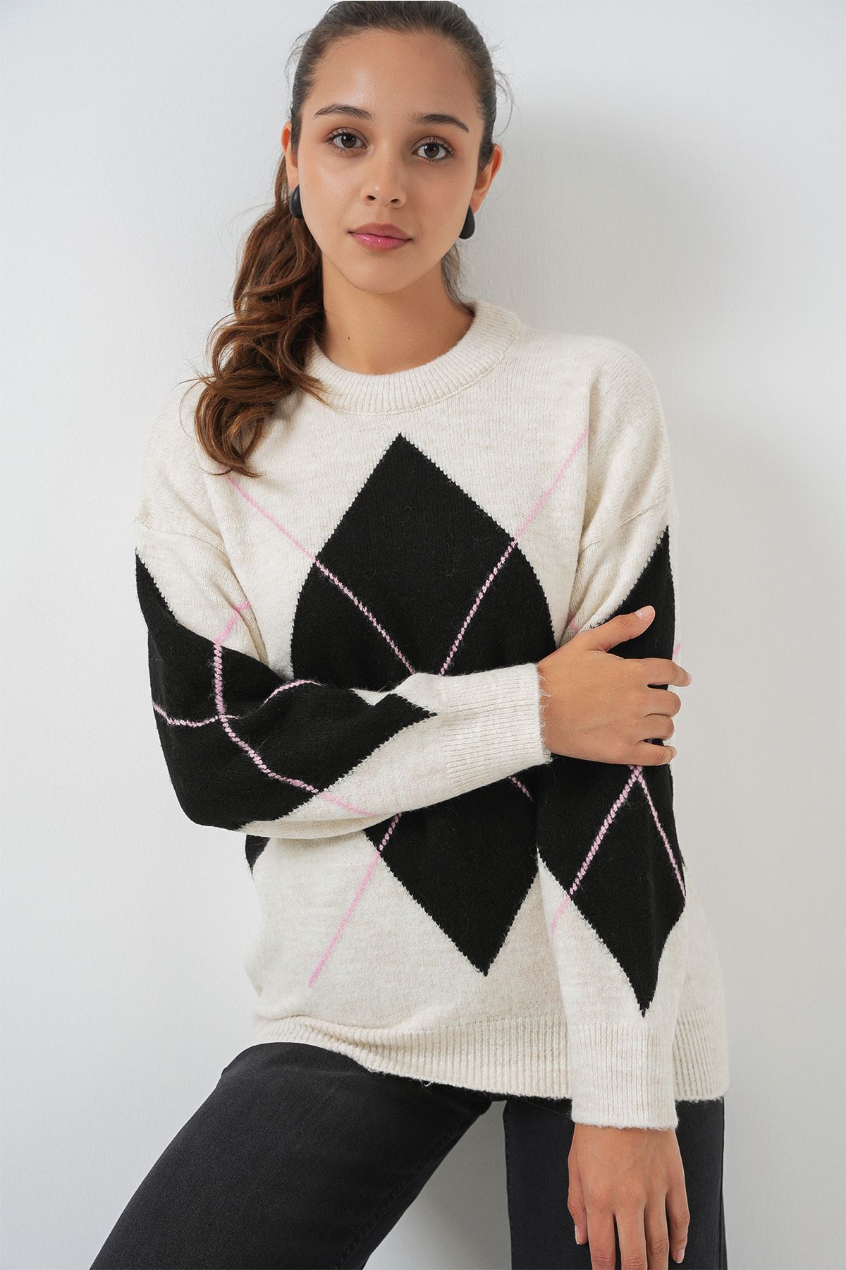 Bigdart-15895 Diamond Patterned Oversize Knitwear Sweater - T. Ecru 3