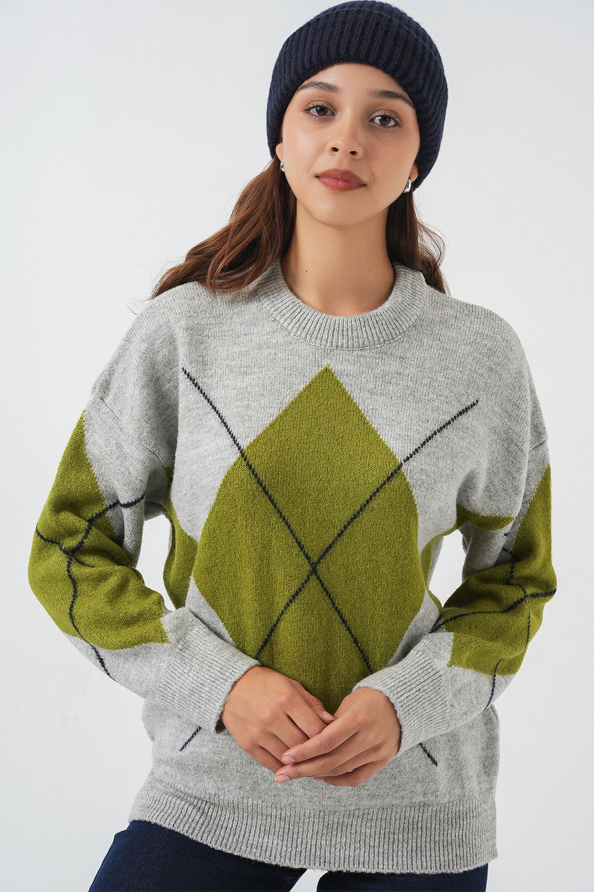 Bigdart-15895 Diamond Patterned Oversize Knitwear Sweater - C.Gray 1