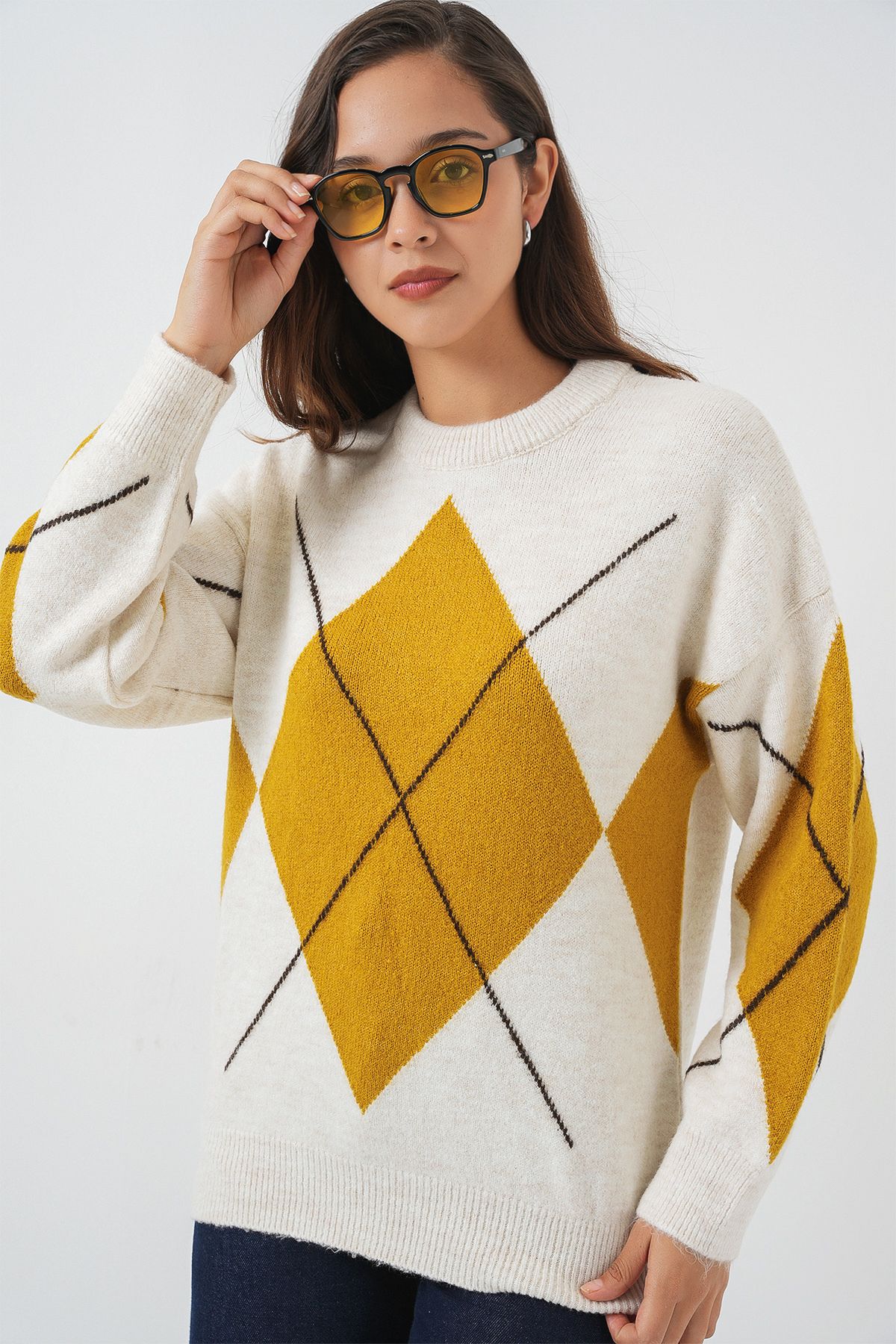Bigdart-15895 Diamond Patterned Oversize Knitwear Sweater - A.Ekru 1
