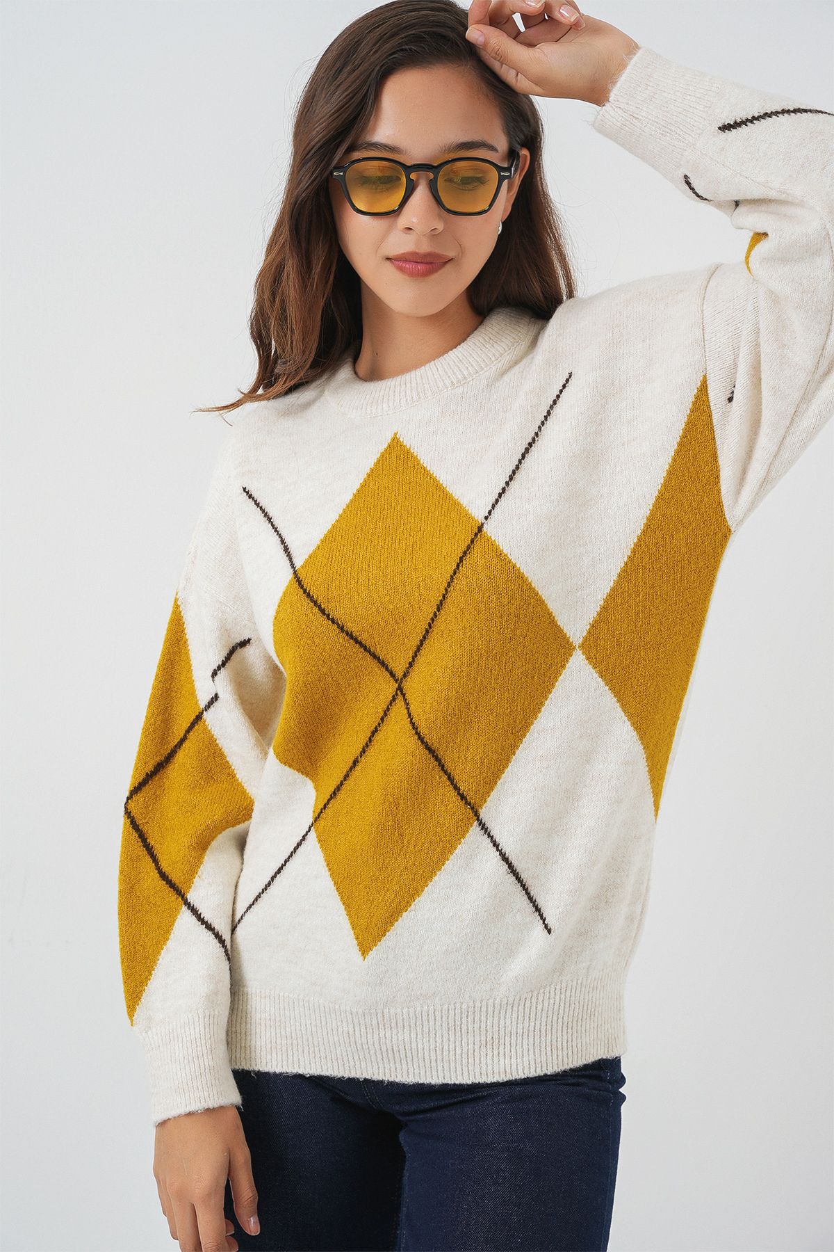 Bigdart-15895 Diamond Patterned Oversize Knitwear Sweater - A.Ekru 3