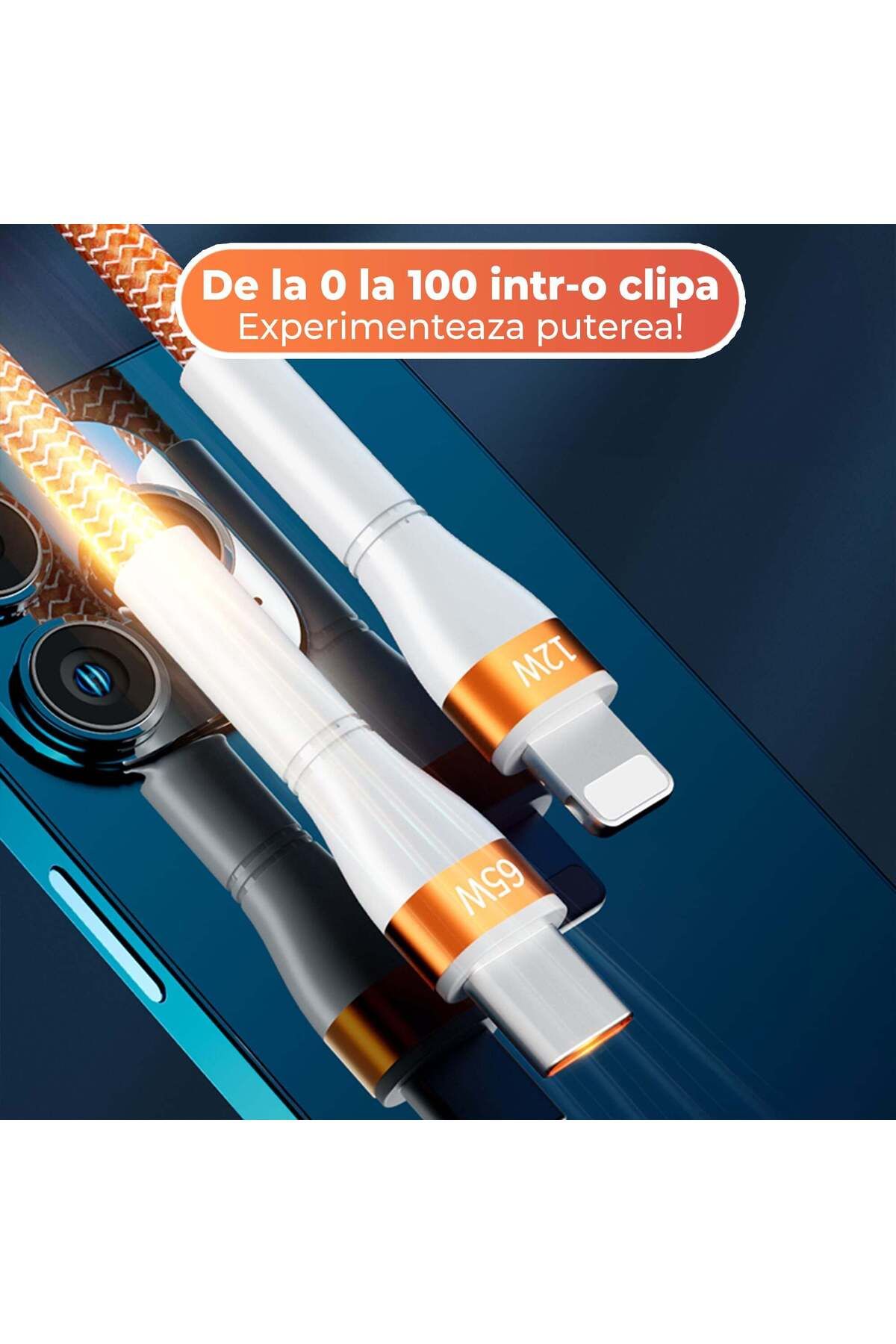 Timebox-Cablu de încărcare și transfer de date 2 în 1, încărcare rapidă 65W, 1,5 m, USB-C, Tip-C, Lightning, Portocaliu 5