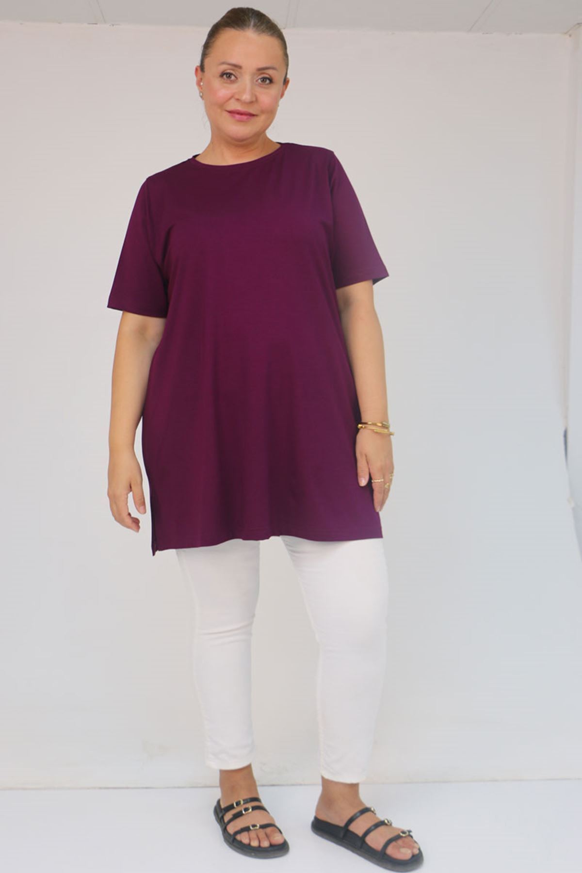 Eslina 58507 Büyük Beden Yakası Biyeli Penye Tişört - Mürdüm