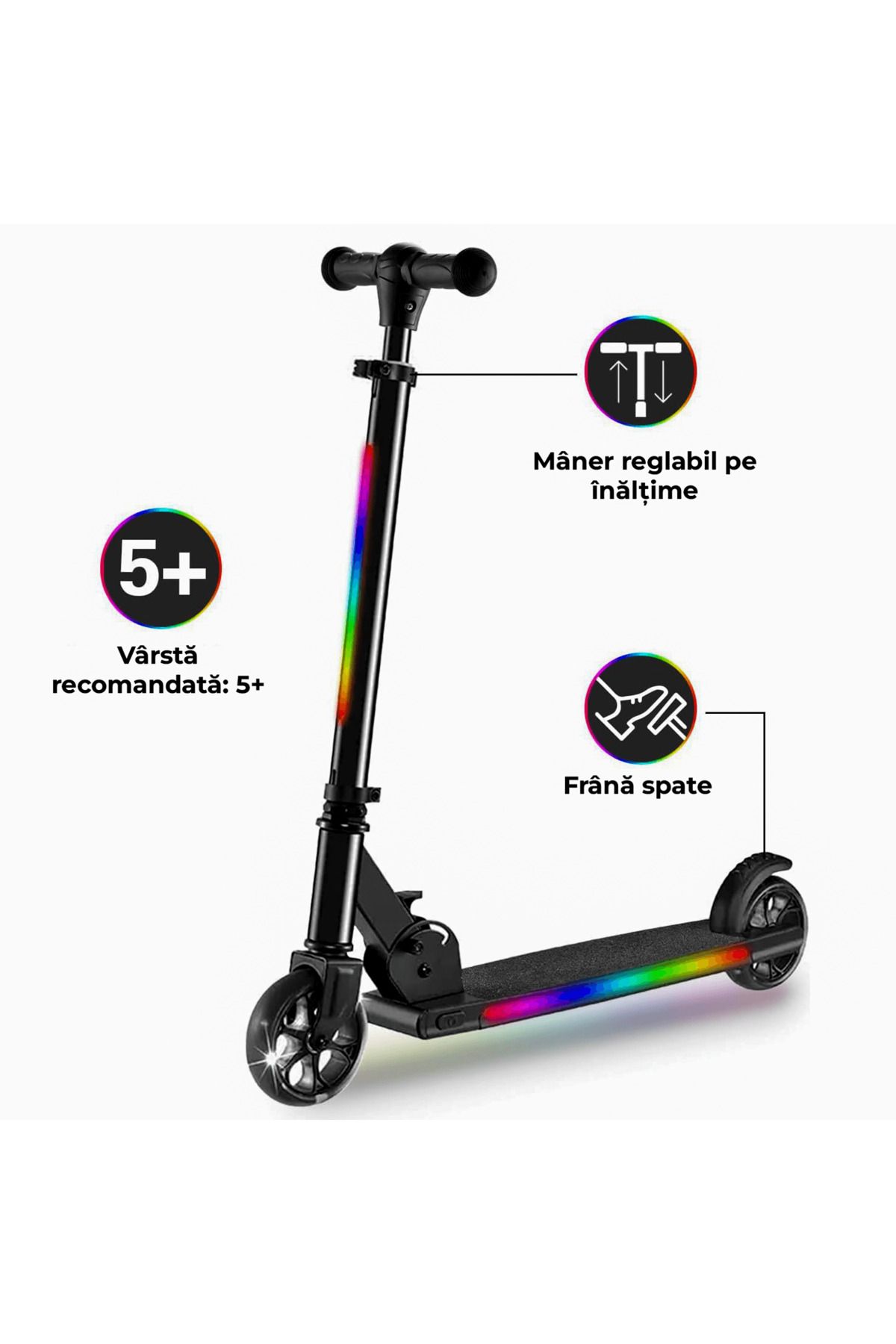 Elindor-2-Wheel Scooter for Kids, Foldable and Portable, RGB LED Lights, Height Adjustable Handle, Black 4