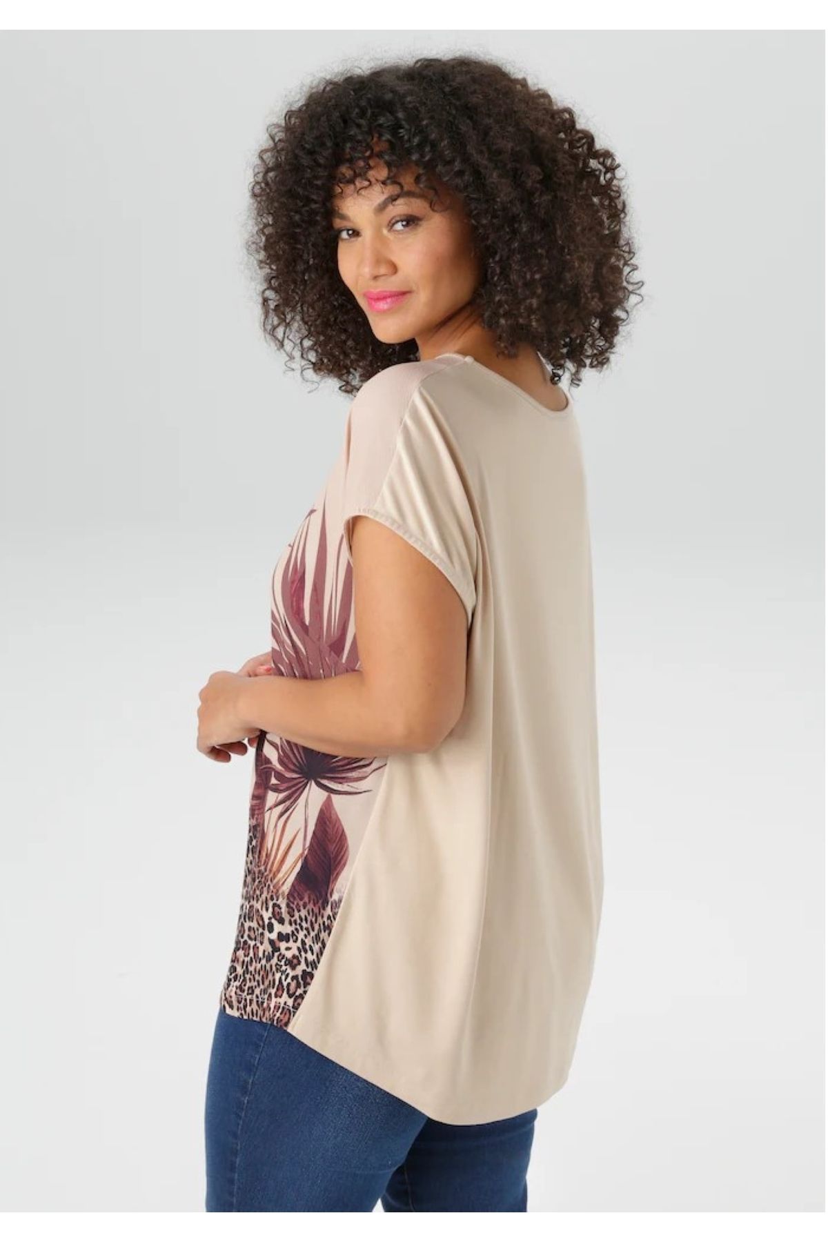 Şans-Women's Plus Size Mink, Front Patterned Crepe Fabric, Back Viscose Fabric Low Sleeve Blouse 65N39044 3