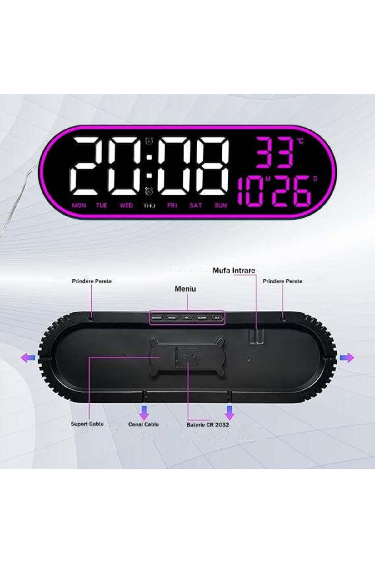 VTM-Oval Digital Wall Clock with Purple LED, Calendar, Stopwatch, 2 Alarms, Thermometer, Remote Control 4