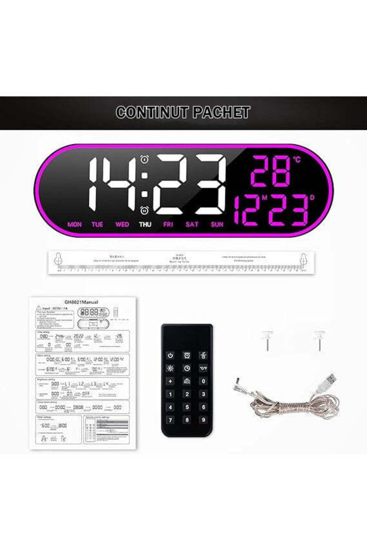 VTM-Oval Digital Wall Clock with Purple LED, Calendar, Stopwatch, 2 Alarms, Thermometer, Remote Control 5