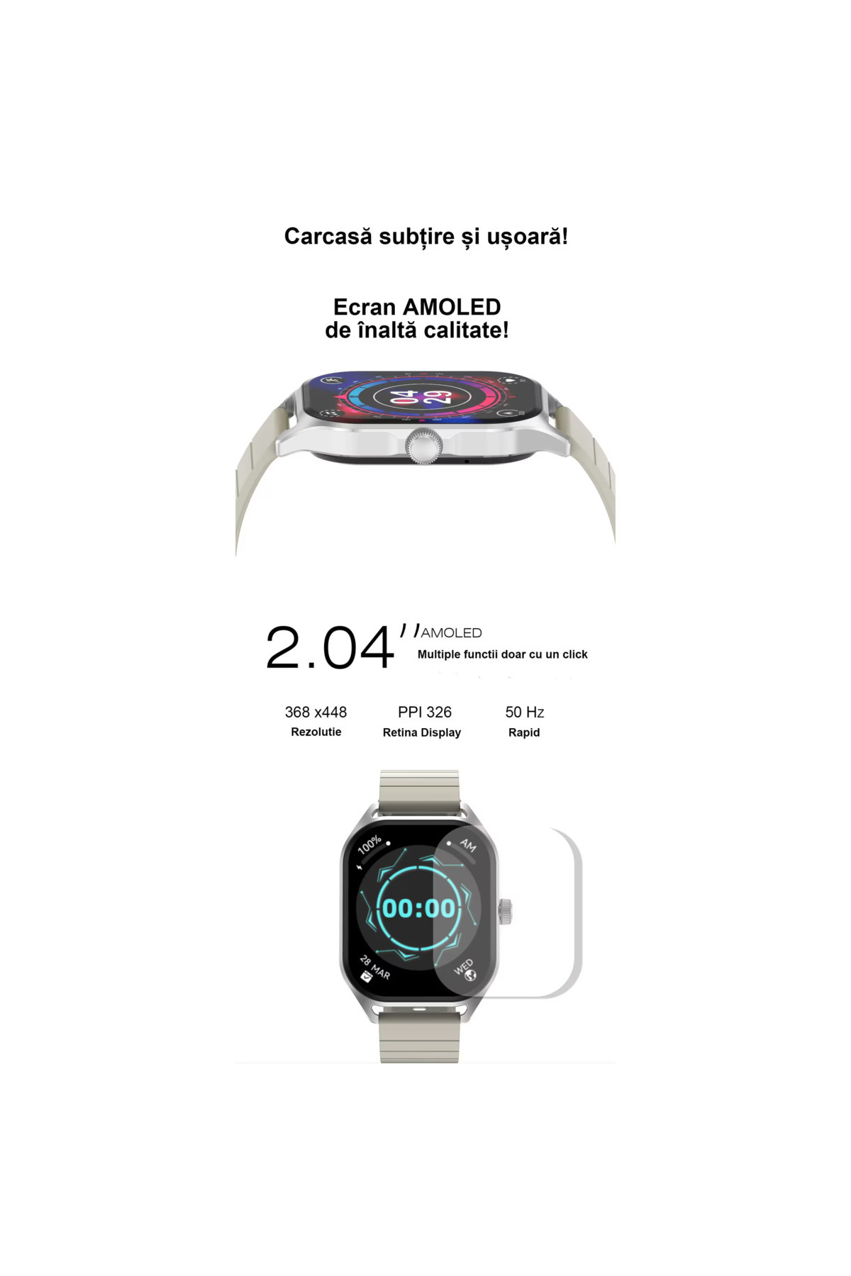 Smart Vibe-DT™ WA9CH MAX - AMOLED Smartwatch Apel Bluetooth, 24/7 Fitness Tracker, HR/ECG/Somn/SpO2, Pink 4